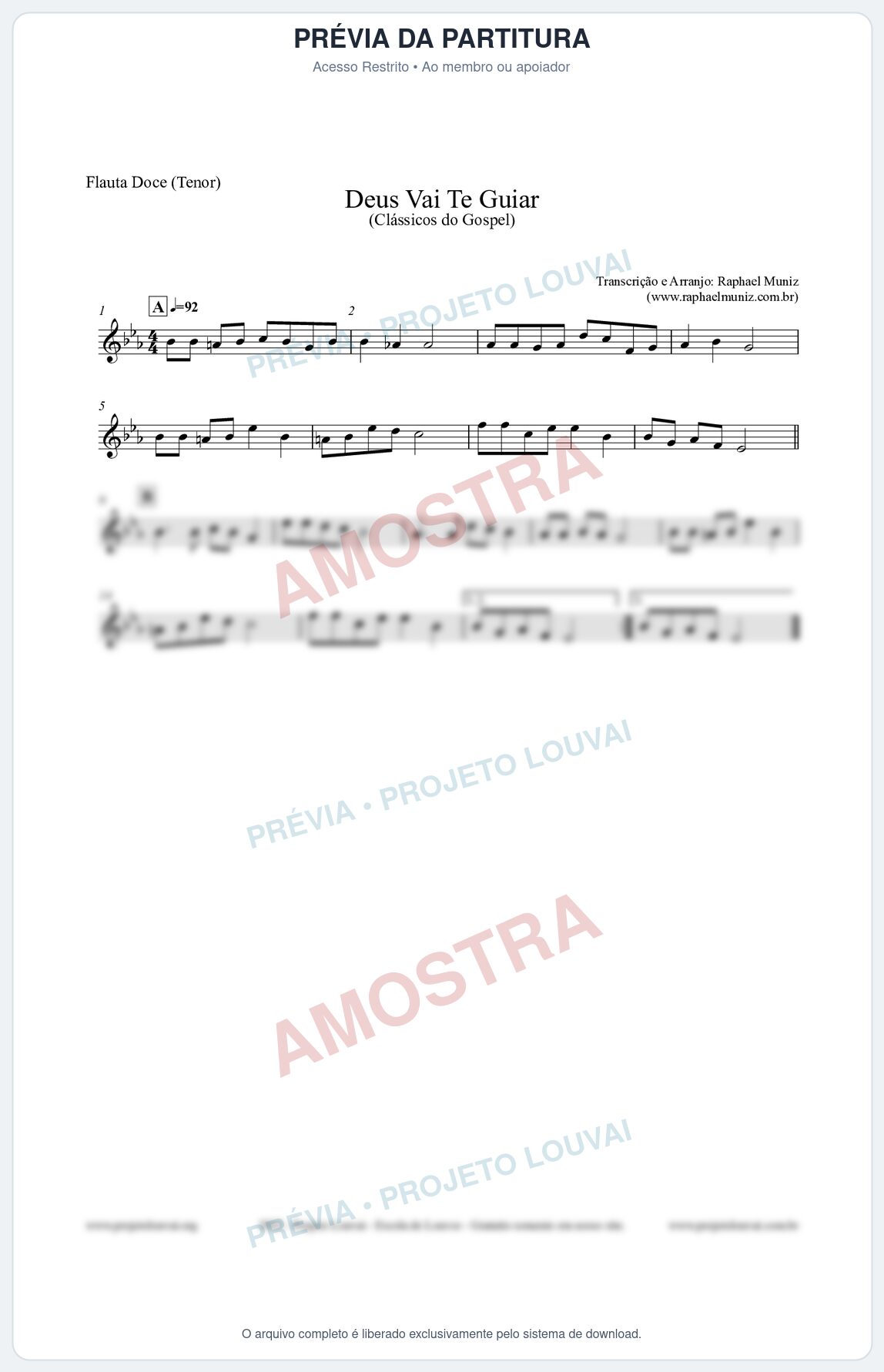 Prévia protegida da primeira página da partitura Partitura para Flauta Doce (Tenor) - Deus Vai Te Guiar - Harpa Cristã nº28 - Clássicos do Gospel