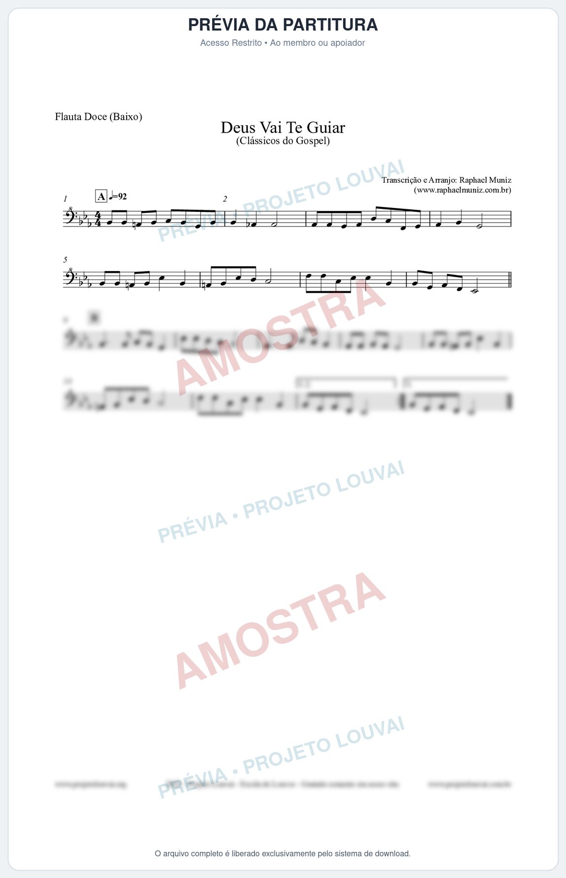 Prévia protegida da primeira página da partitura Partitura para Flauta Doce (Baixo) - Deus Vai Te Guiar - Harpa Cristã nº28 - Clássicos do Gospel