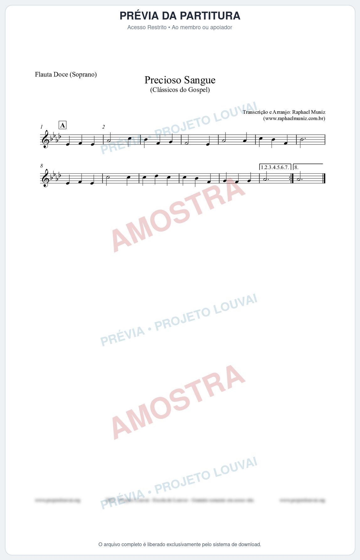 Prévia protegida da primeira página da partitura Partitura para Flauta Doce (Soprano) - Precioso Sangue - Harpa Cristã nº29 - Clássicos do Gospel