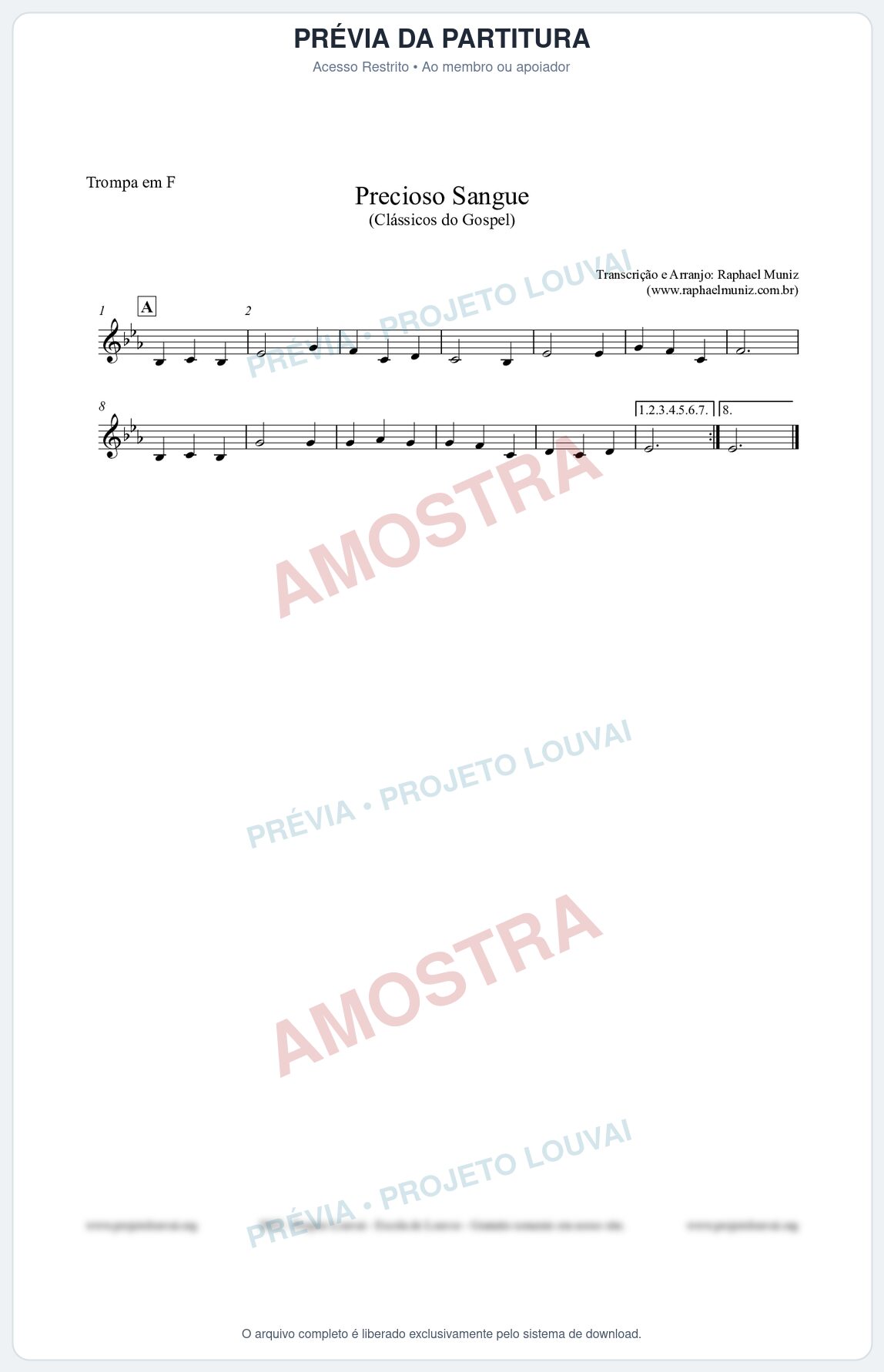 Prévia protegida da primeira página da partitura Partitura para Trompa em F - Precioso Sangue - Harpa Cristã nº29 - Clássicos do Gospel