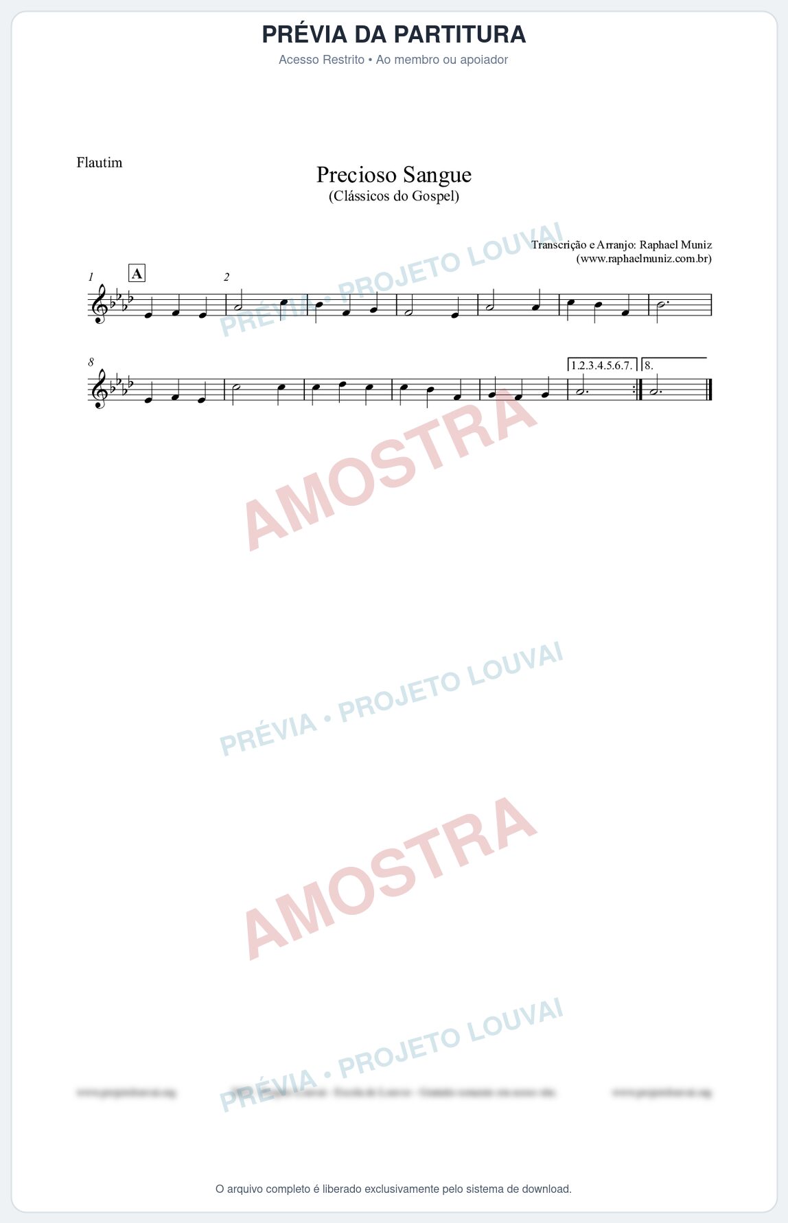 Prévia protegida da primeira página da partitura Partitura para Flautim - Precioso Sangue - Harpa Cristã nº29 - Clássicos do Gospel