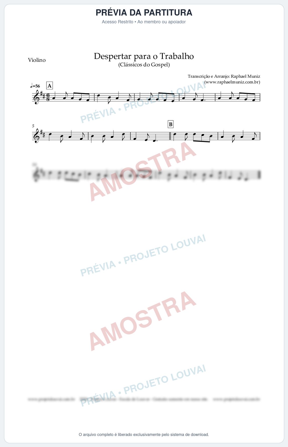 Prévia protegida da primeira página da partitura Partitura para Violino - Despertar para o Trabalho - Harpa Cristã nº 16 - Clássicos do Gospel
