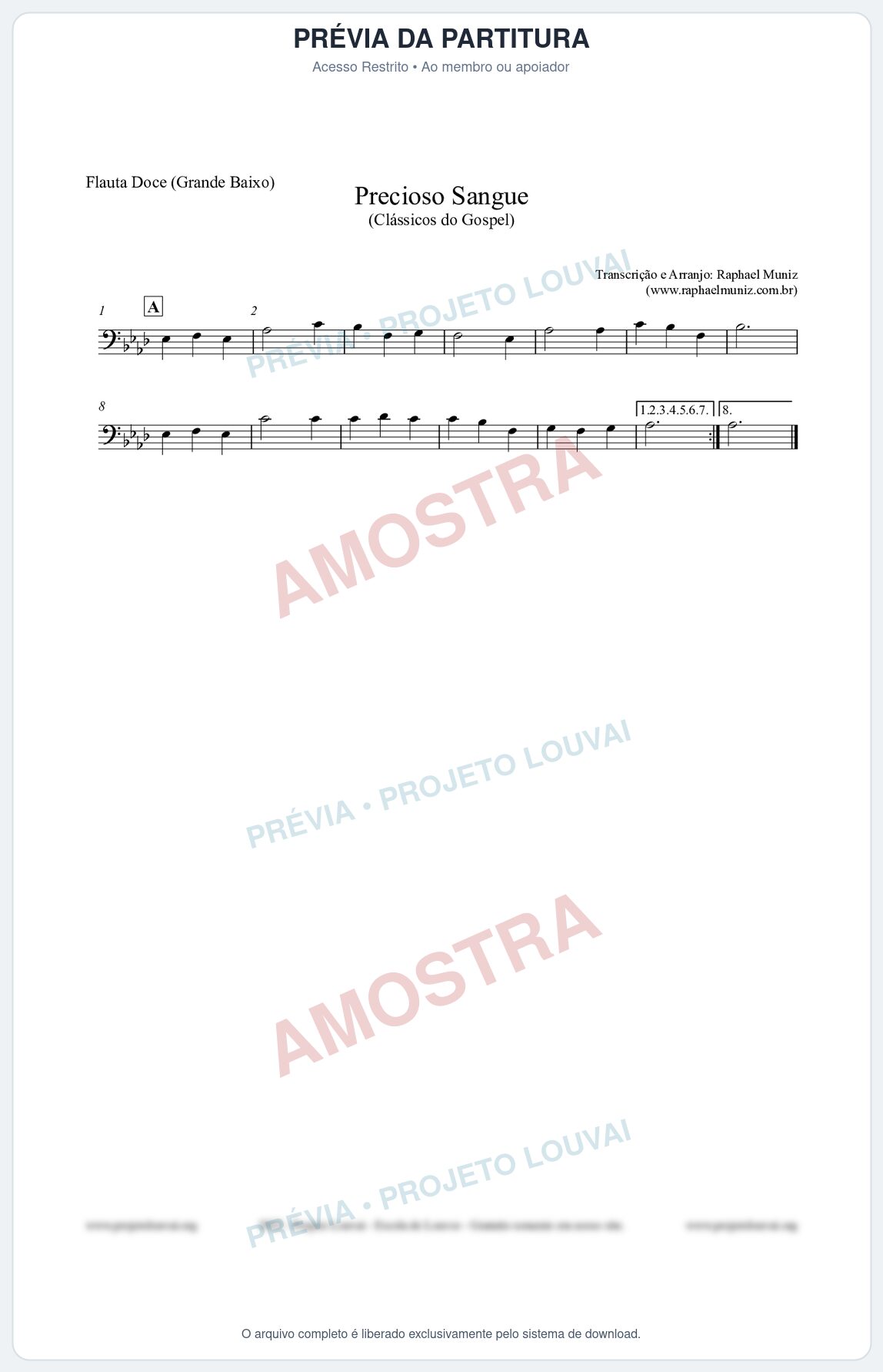 Prévia protegida da primeira página da partitura Partitura para Flauta Doce (Grande Baixo) - Precioso Sangue - Harpa Cristã nº29 - Clássicos do Gospel