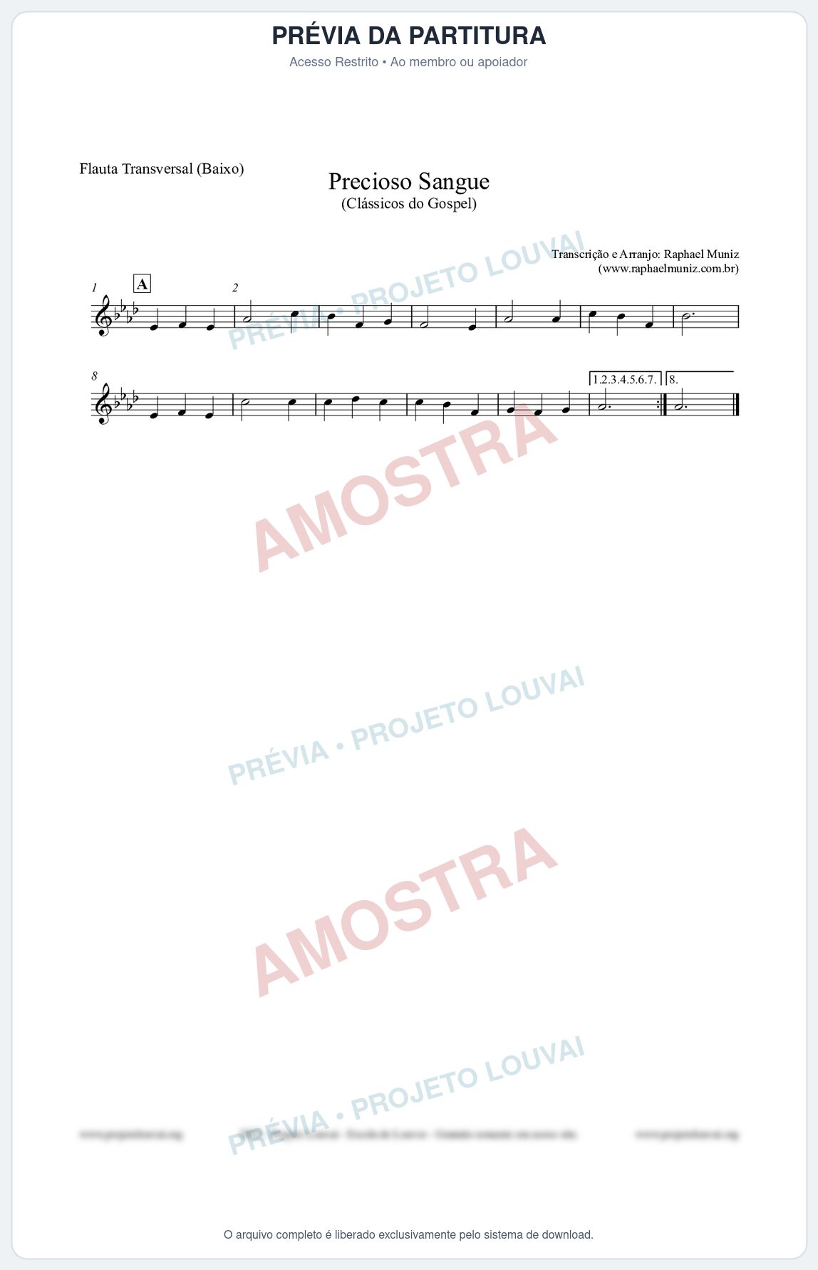 Prévia protegida da primeira página da partitura Partitura para Flauta Transversal (Baixo) - Precioso Sangue - Harpa Cristã nº29 - Clássicos do Gospel