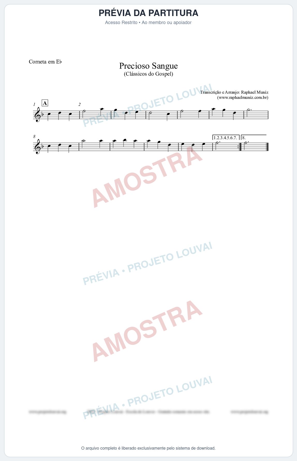 Prévia protegida da primeira página da partitura Partitura para Corneta em Eb - Precioso Sangue - Harpa Cristã nº29 - Clássicos do Gospel