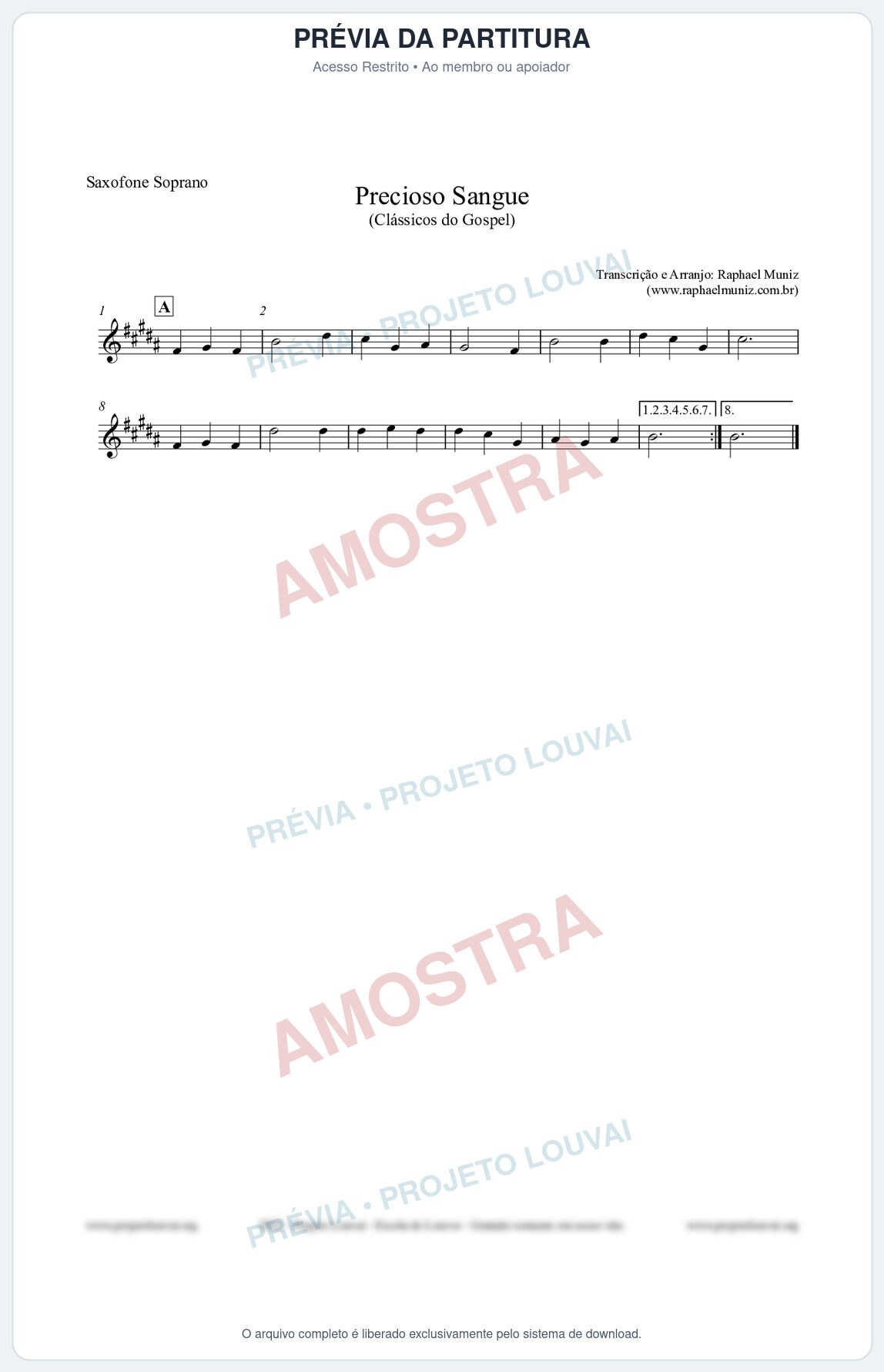 Prévia protegida da primeira página da partitura Partitura para Saxofone Soprano - Precioso Sangue - Harpa Cristã nº29 - Clássicos do Gospel