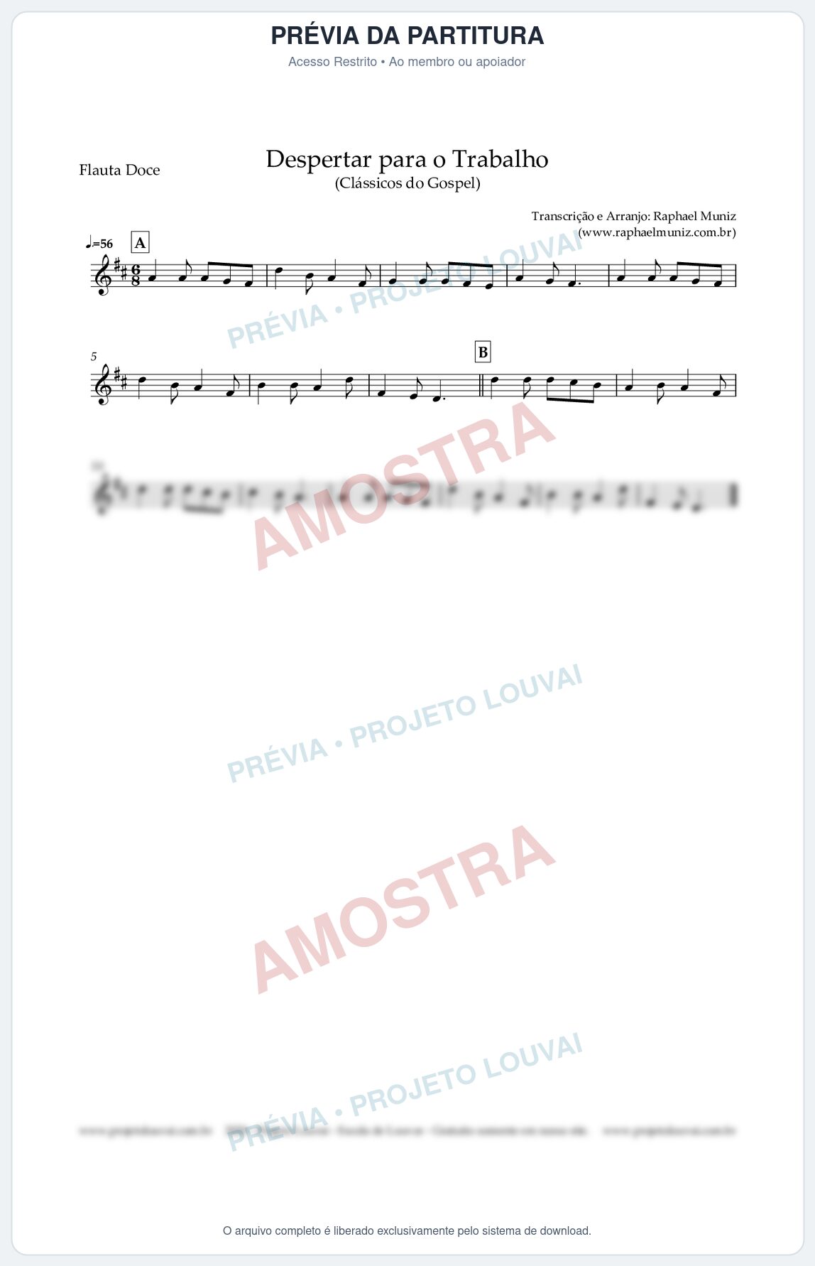 Prévia protegida da primeira página da partitura Partitura para Flauta Doce (Soprano) - Despertar para o Trabalho - Harpa Cristã nº 16 - Clássicos do