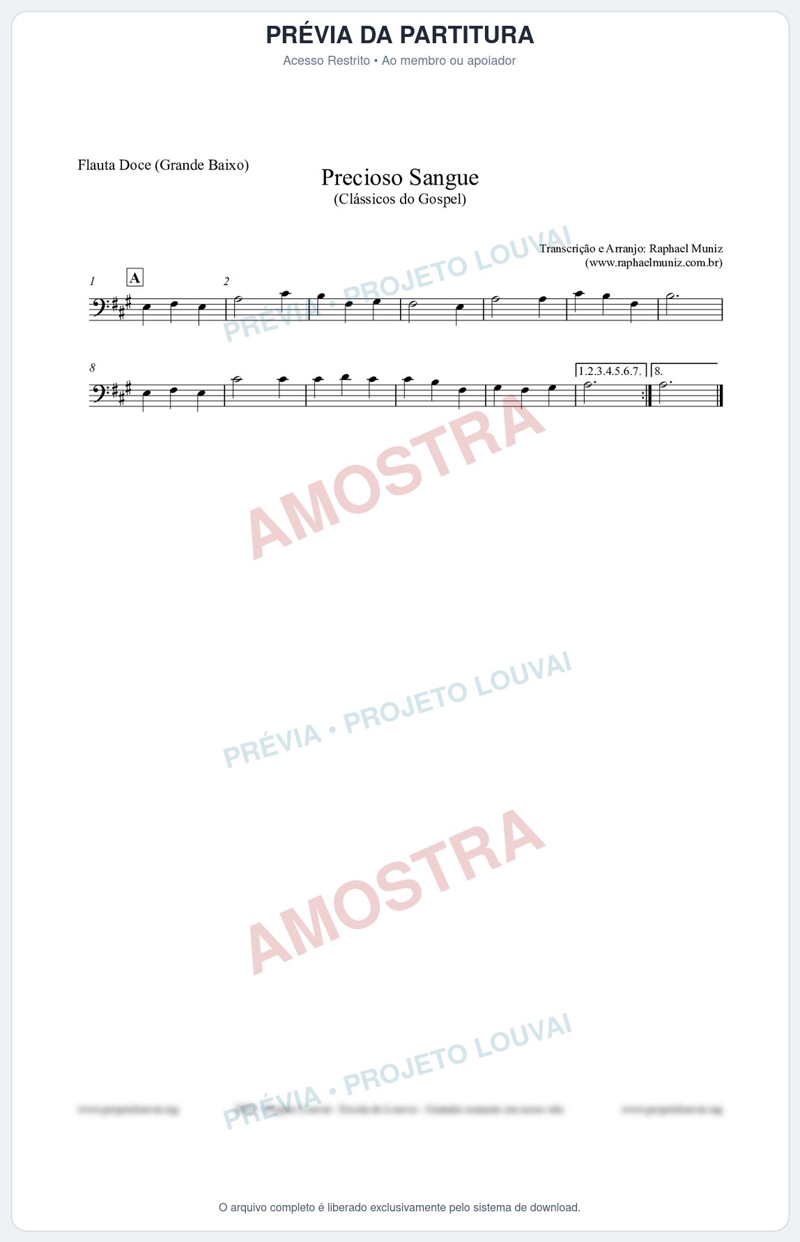 Prévia protegida da primeira página da partitura Partitura para Flauta Doce (Grande Baixo) - Precioso Sangue - Harpa Cristã nº29 - Clássicos do Gospel