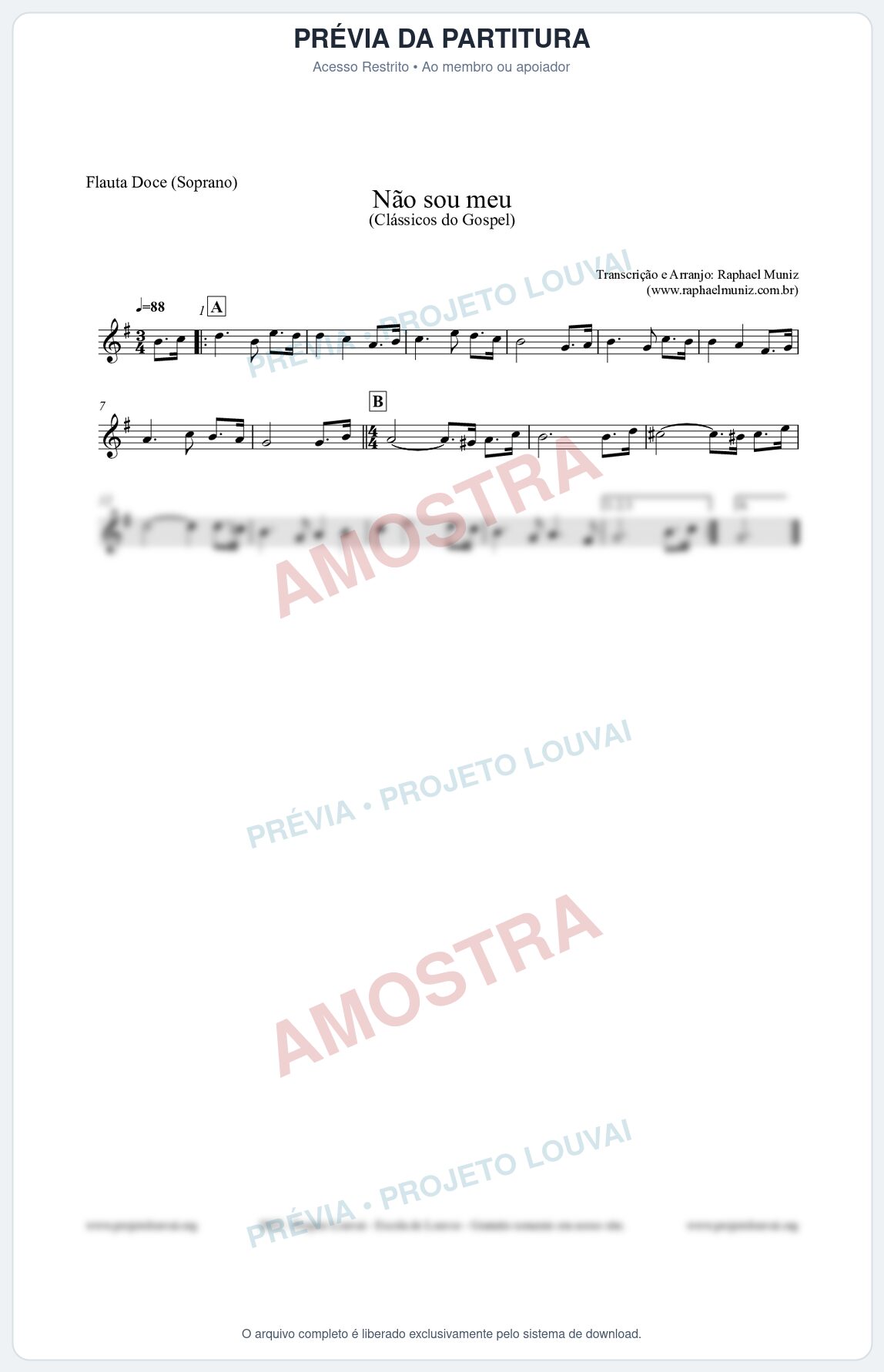 Prévia protegida da primeira página da partitura Partitura para Flauta Doce (Soprano) - Não sou meu - Harpa Cristã nº30 - Clássicos do Gospel