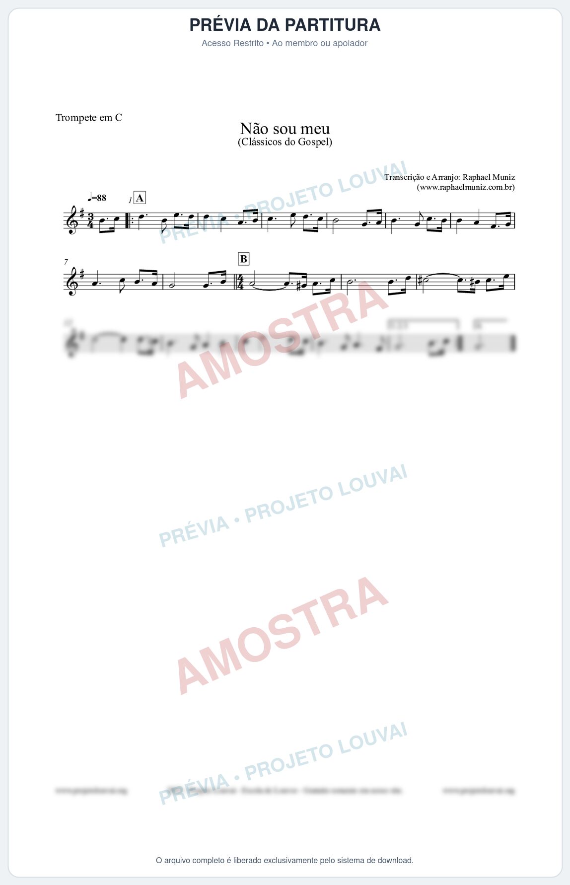 Prévia protegida da primeira página da partitura Partitura para Trompete em C - Não sou meu - Harpa Cristã nº30 - Clássicos do Gospel