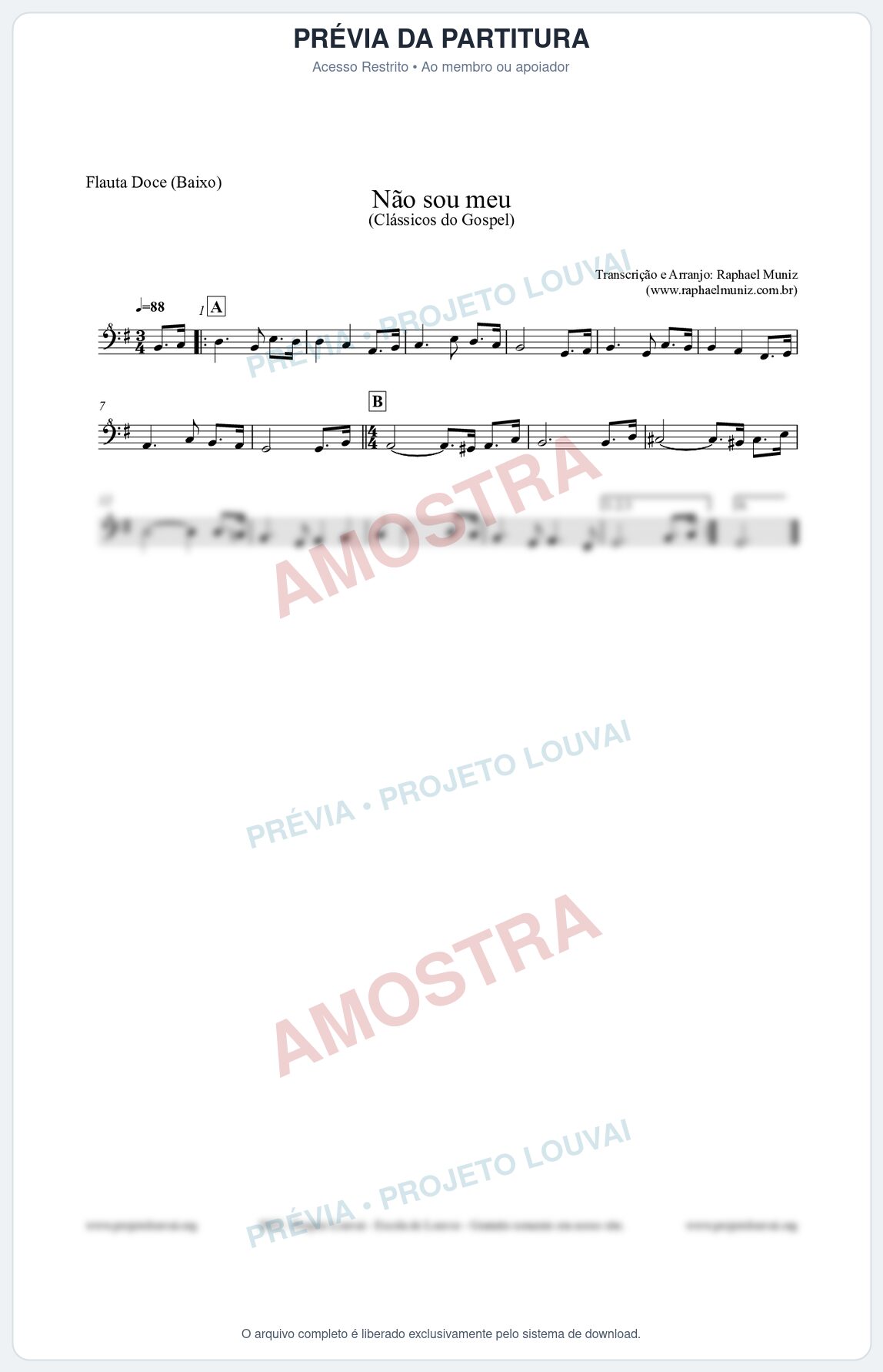 Prévia protegida da primeira página da partitura Partitura para Flauta Doce (Baixo) - Não sou meu - Harpa Cristã nº30 - Clássicos do Gospel