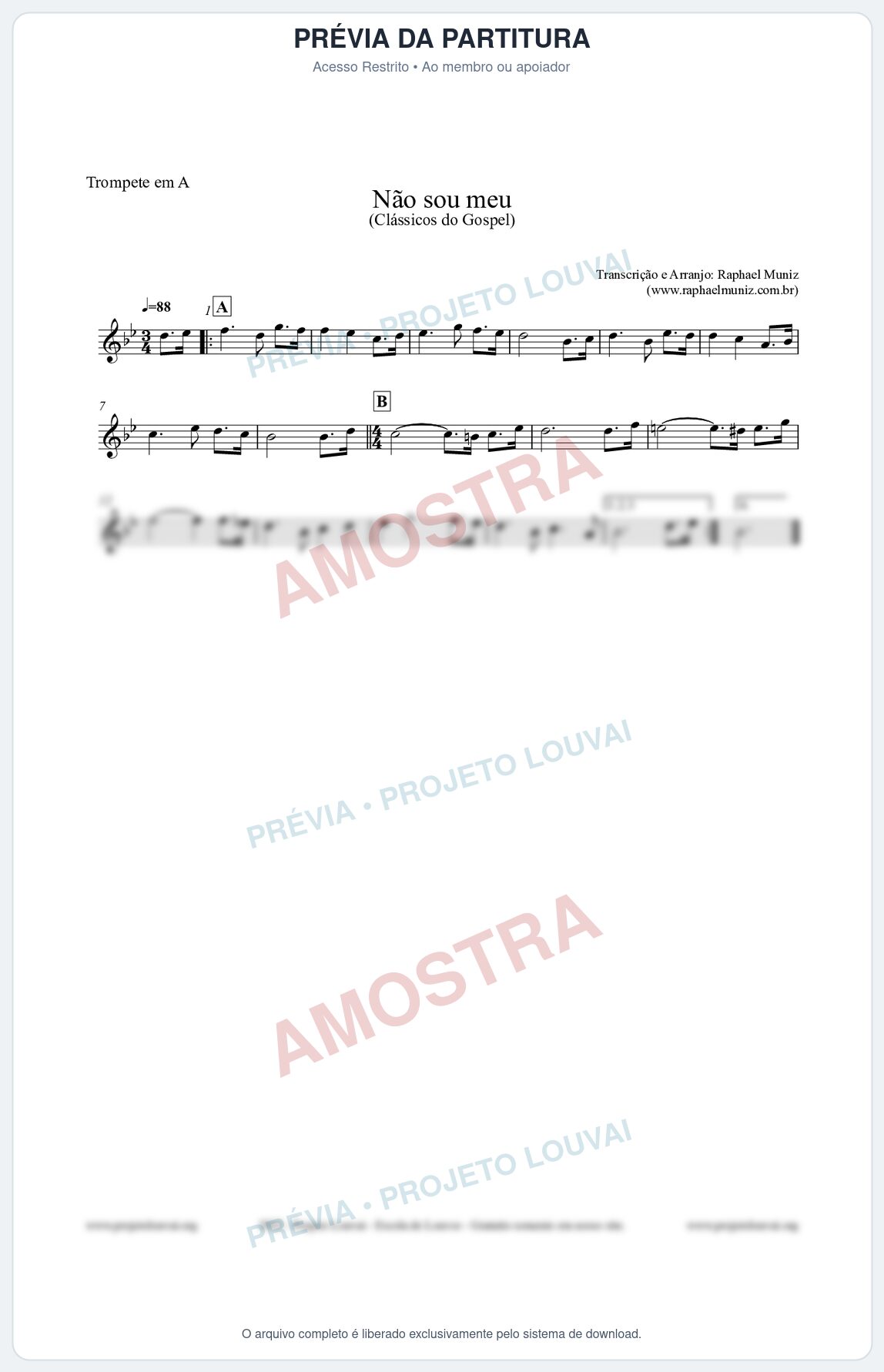 Prévia protegida da primeira página da partitura Partitura para Trompete em A - Não sou meu - Harpa Cristã nº30 - Clássicos do Gospel