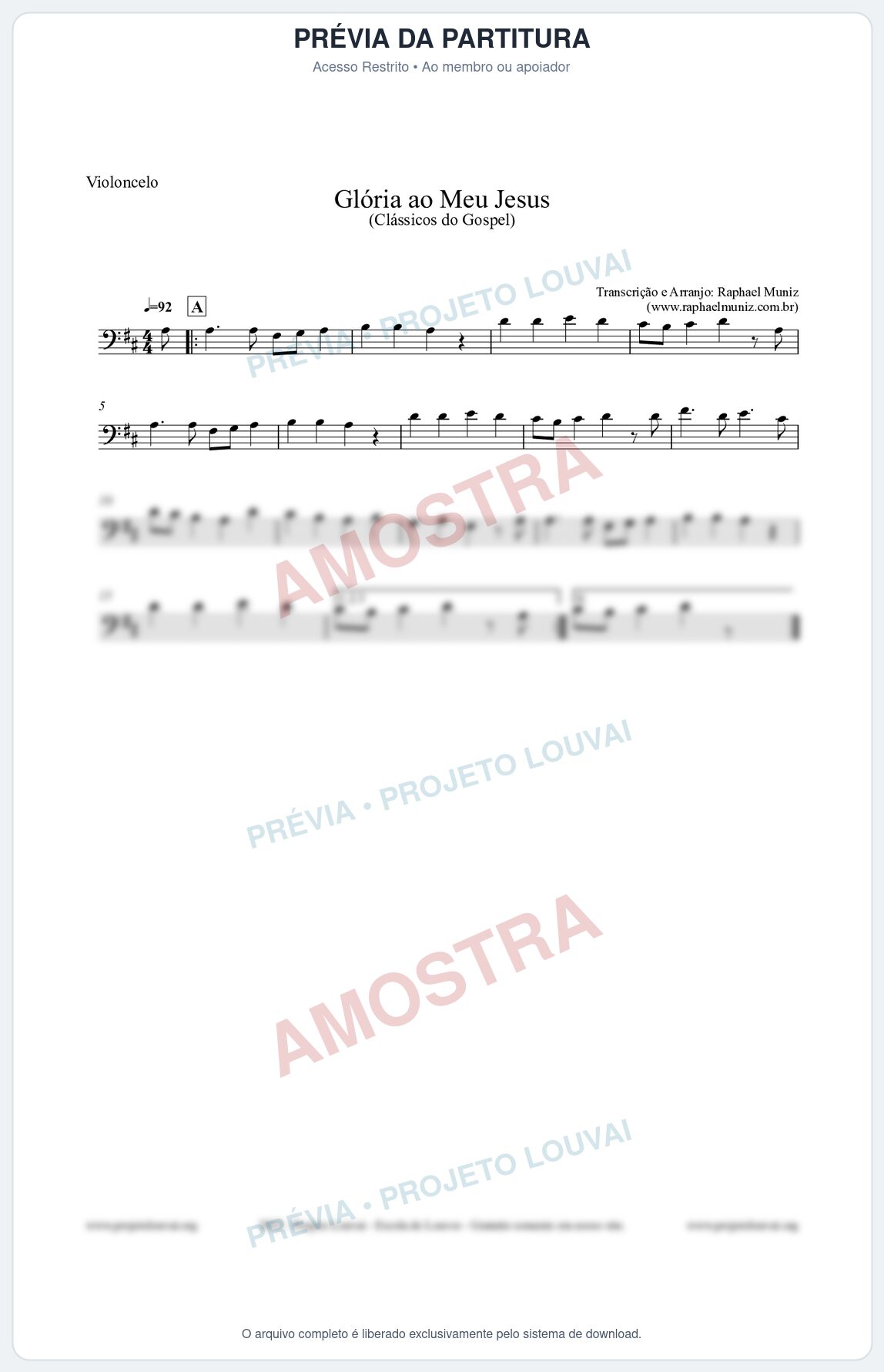 Prévia protegida da primeira página da partitura Partitura para Violoncelo - Glória ao meu Jesus - Harpa Cristã nº31 - Clássicos do Gospel