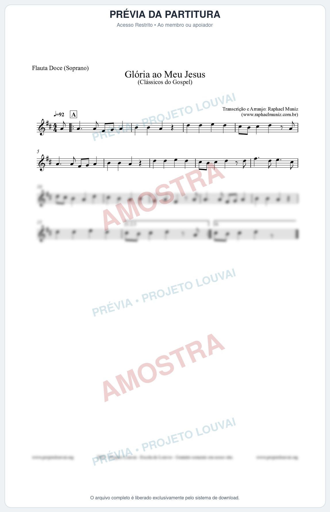 Prévia protegida da primeira página da partitura Partitura para Flauta Doce (Soprano) - Glória ao meu Jesus - Harpa Cristã nº31 - Clássicos do Gospel