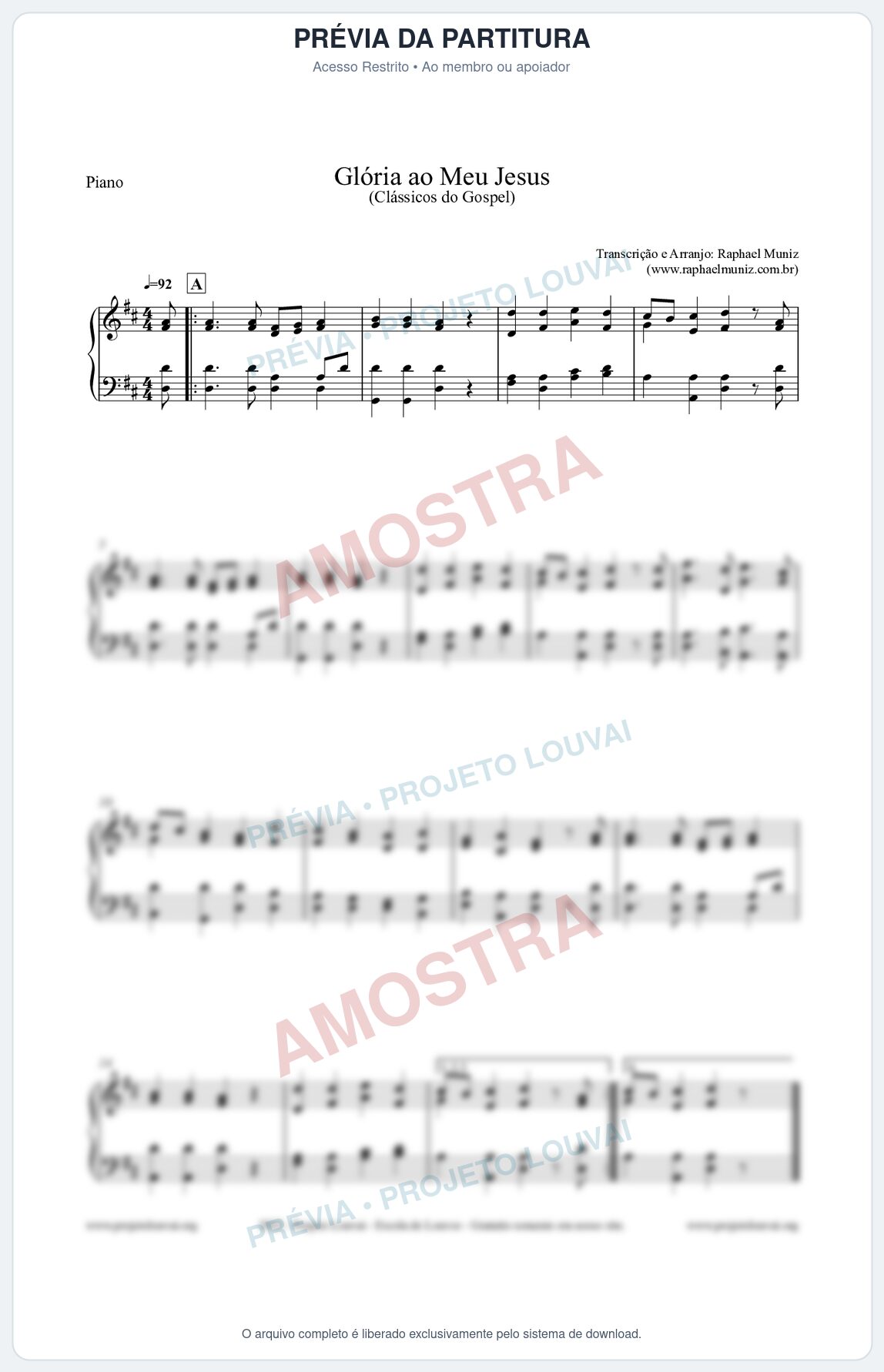 Prévia protegida da primeira página da partitura Partitura para Piano - Glória ao meu Jesus - Harpa Cristã nº31 - Clássicos do Gospel