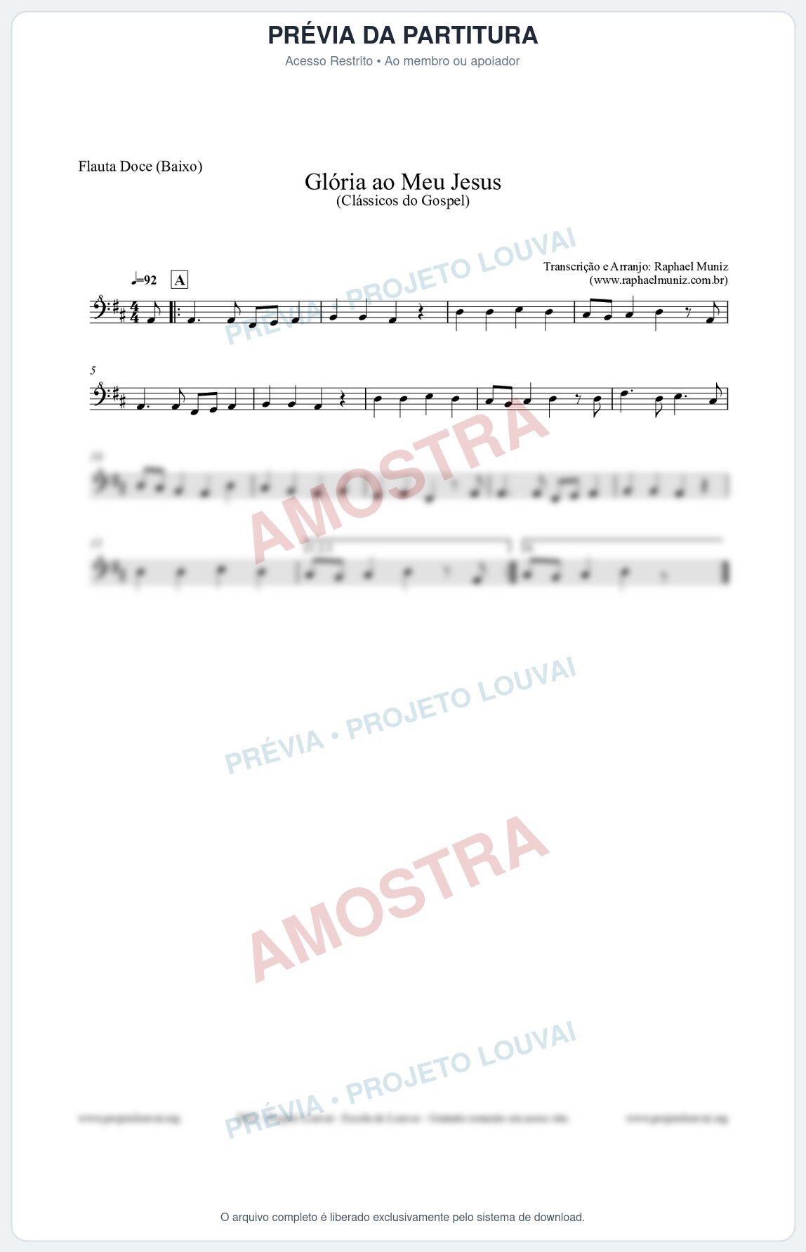 Prévia protegida da primeira página da partitura Partitura para Flauta Doce (Baixo) - Glória ao meu Jesus - Harpa Cristã nº31 - Clássicos do Gospel
