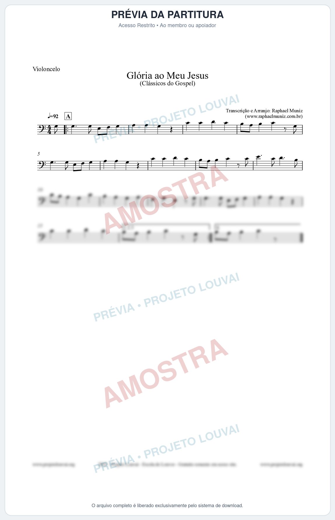 Prévia protegida da primeira página da partitura Partitura para Violoncelo - Glória ao meu Jesus - Harpa Cristã nº31 - Clássicos do Gospel