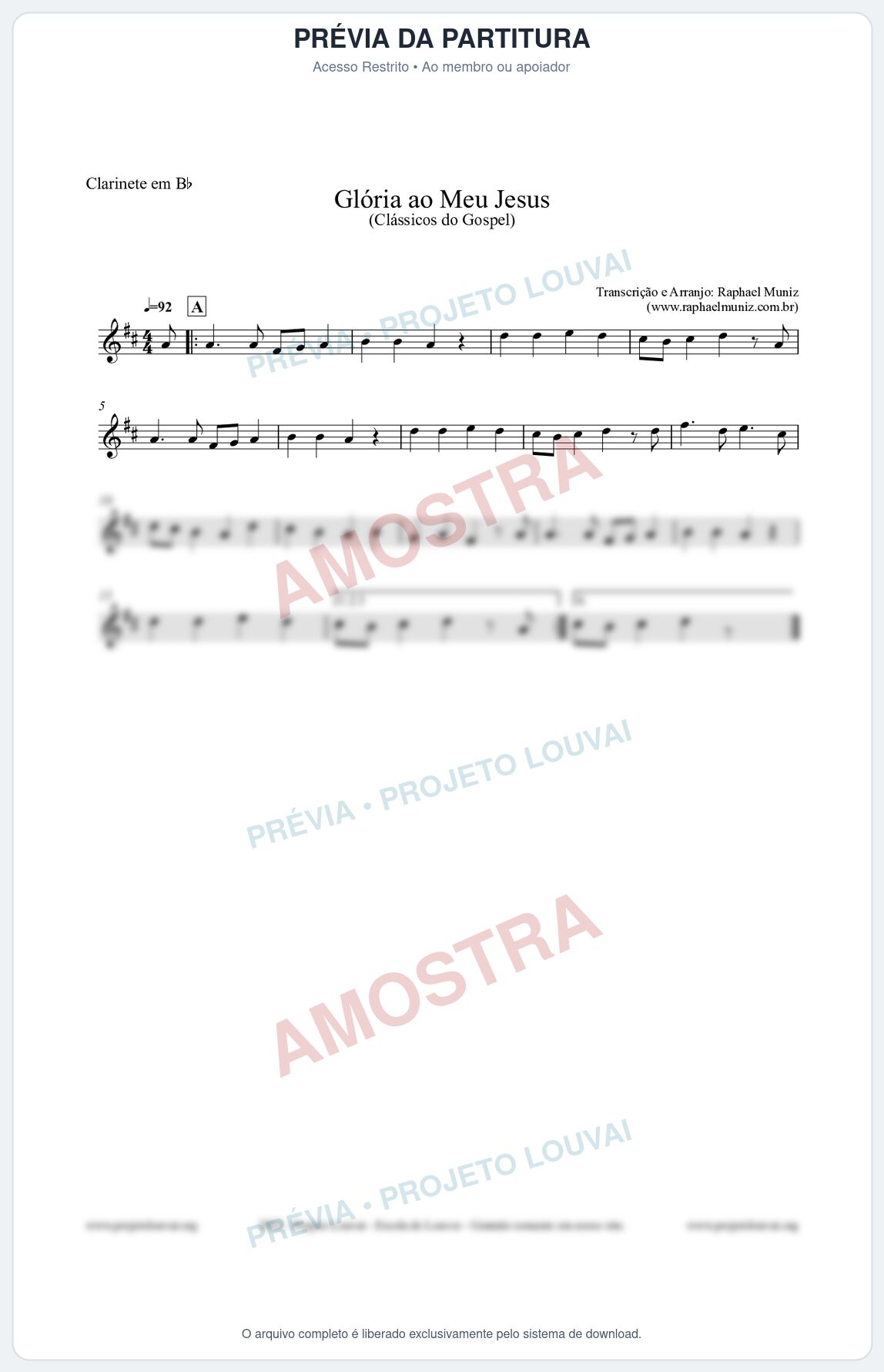 Prévia protegida da primeira página da partitura Partitura para Clarinete em Bb - Glória ao meu Jesus - Harpa Cristã nº31 - Clássicos do Gospel