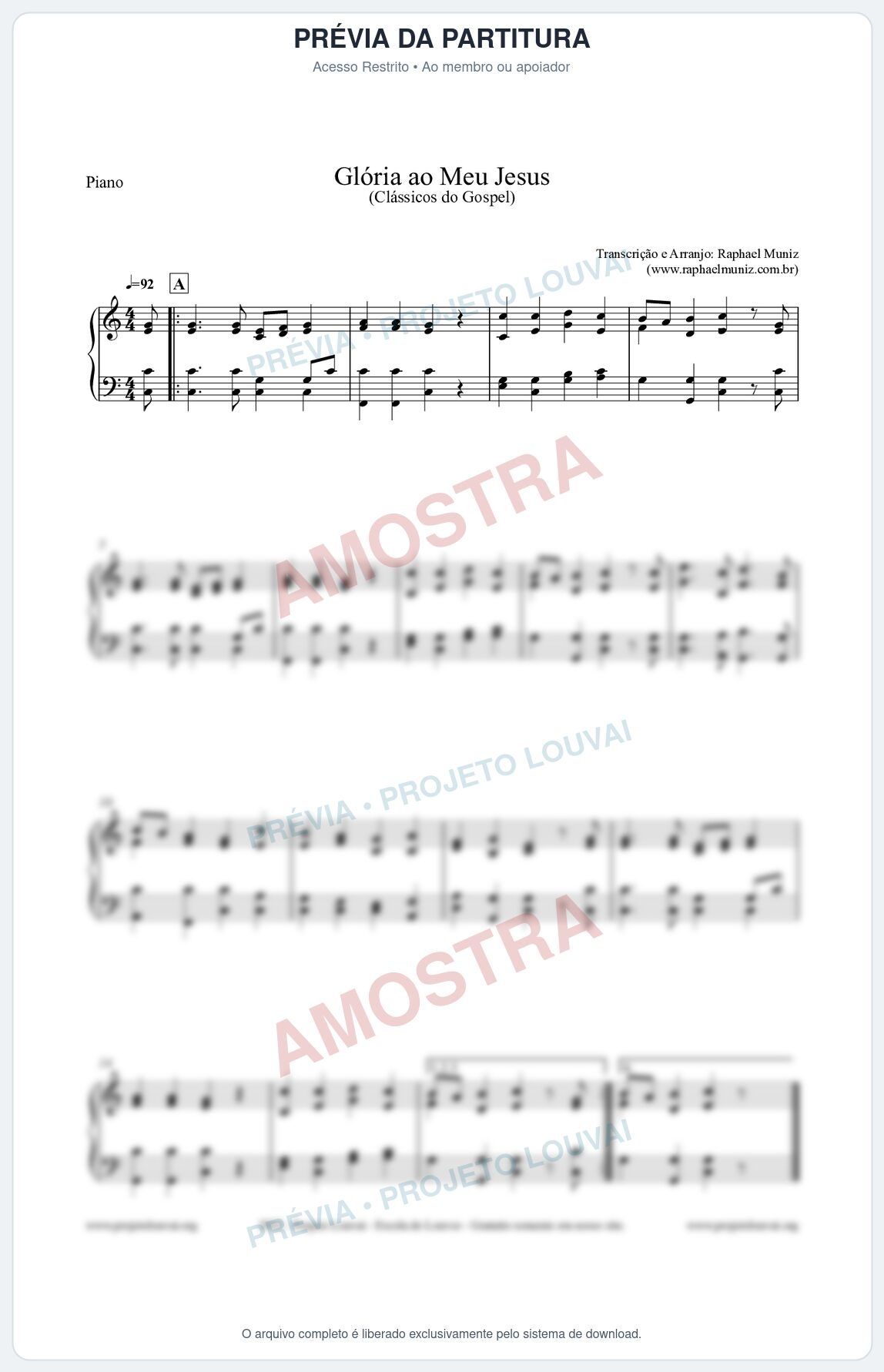 Prévia protegida da primeira página da partitura Partitura para Piano - Glória ao meu Jesus - Harpa Cristã nº31 - Clássicos do Gospel
