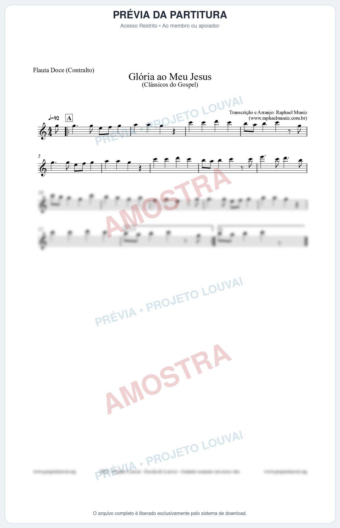 Prévia protegida da primeira página da partitura Partitura para Flauta Doce (Contralto) - Glória ao meu Jesus - Harpa Cristã nº31 - Clássicos do Gospel