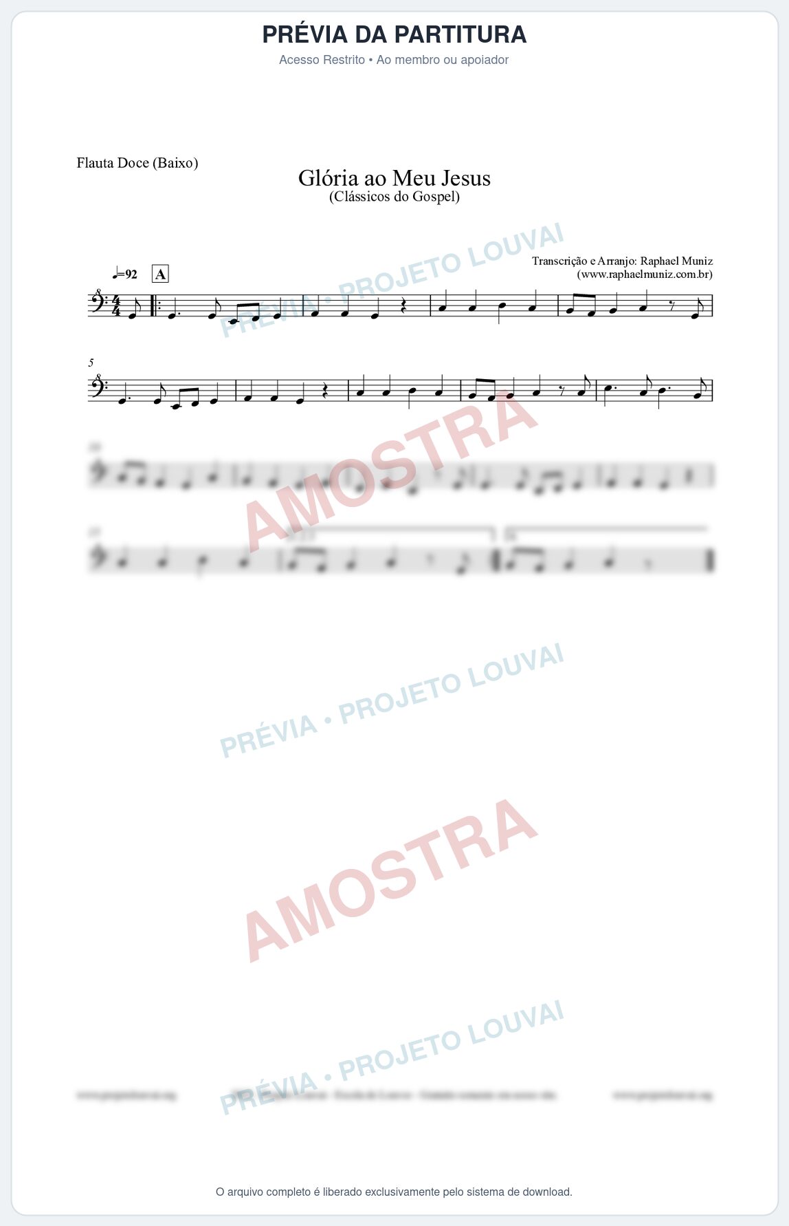 Prévia protegida da primeira página da partitura Partitura para Flauta Doce (Baixo) - Glória ao meu Jesus - Harpa Cristã nº31 - Clássicos do Gospel