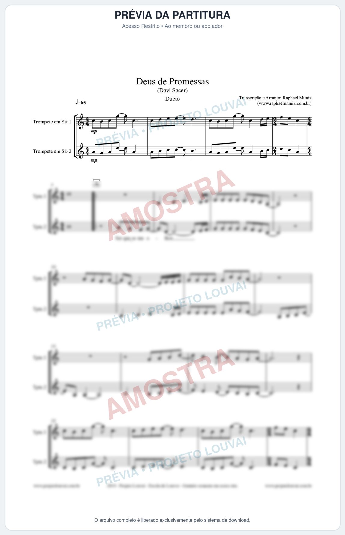 Prévia protegida da primeira página da partitura Partitura para Dueto (Trompete 1 e Trompete 2) - Deus de Promessas - Davi Sacer