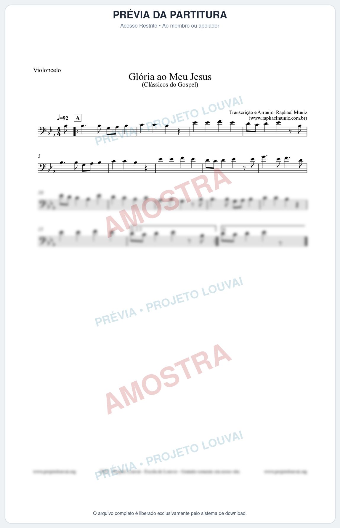 Prévia protegida da primeira página da partitura Partitura para Violoncelo - Glória ao meu Jesus - Harpa Cristã nº31 - Clássicos do Gospel
