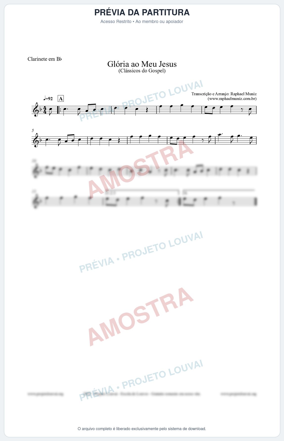 Prévia protegida da primeira página da partitura Partitura para Clarinete em Bb - Glória ao meu Jesus - Harpa Cristã nº31 - Clássicos do Gospel
