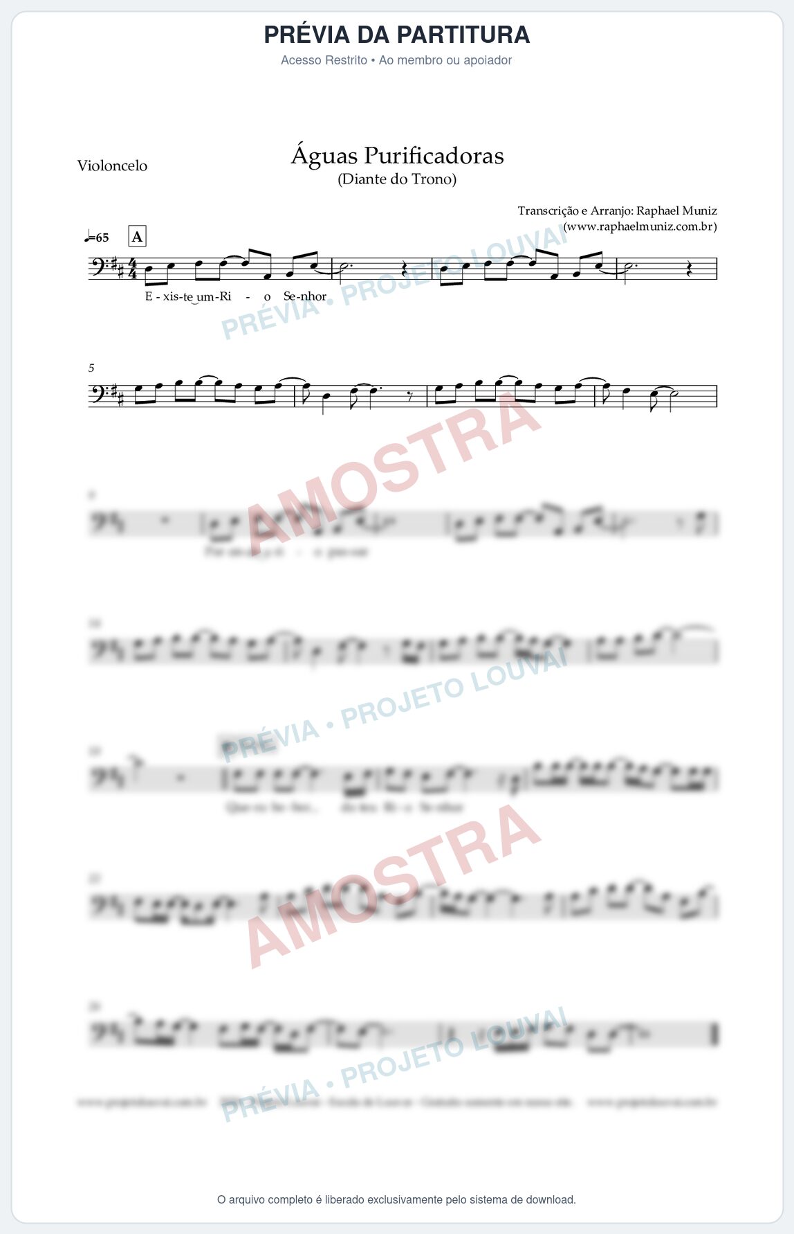 Prévia protegida da primeira página da partitura Partitura para Violoncelo - Águas Purificadoras - Diante do Trono
