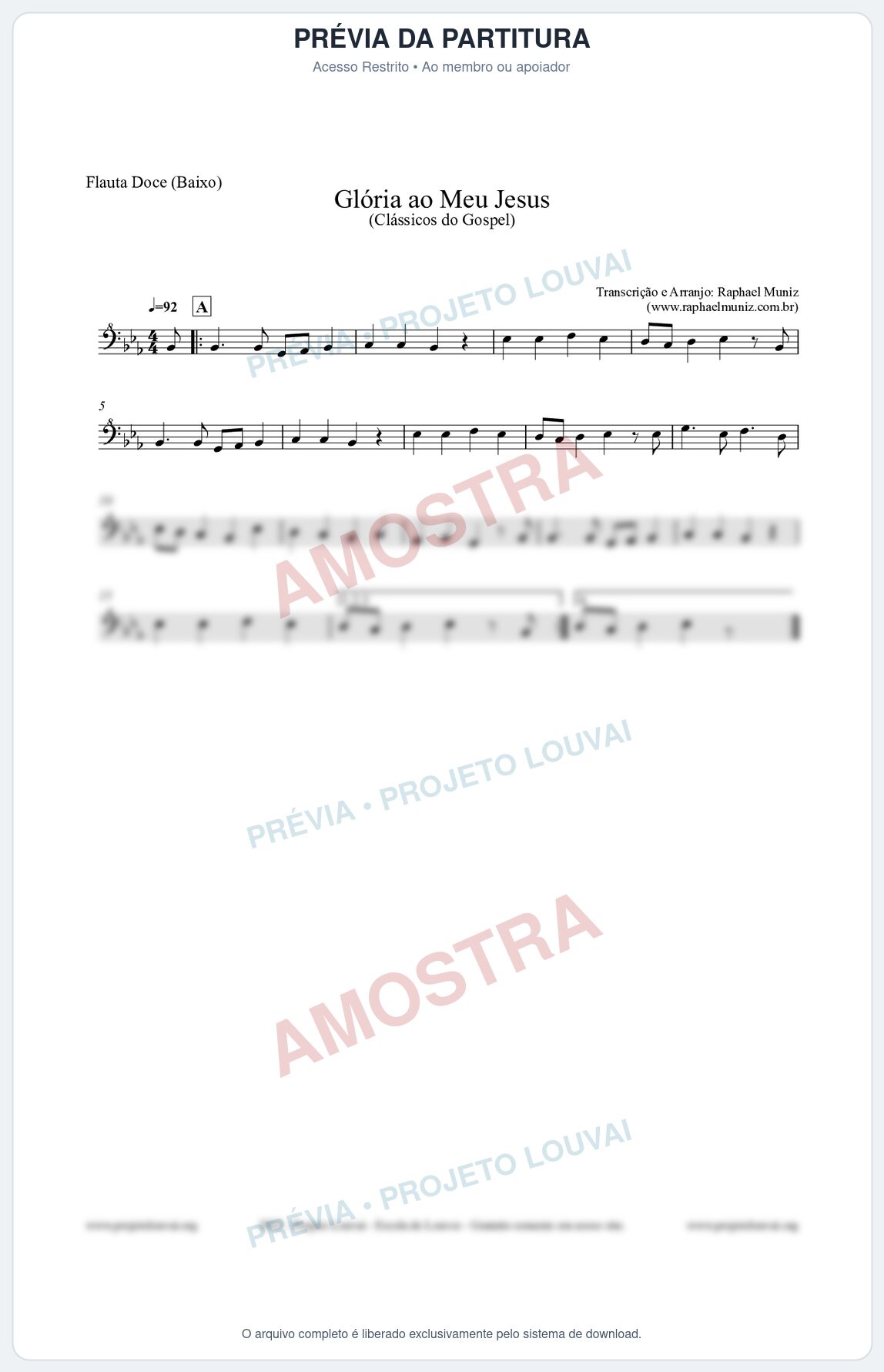 Prévia protegida da primeira página da partitura Partitura para Flauta Doce (Baixo) - Glória ao meu Jesus - Harpa Cristã nº31 - Clássicos do Gospel