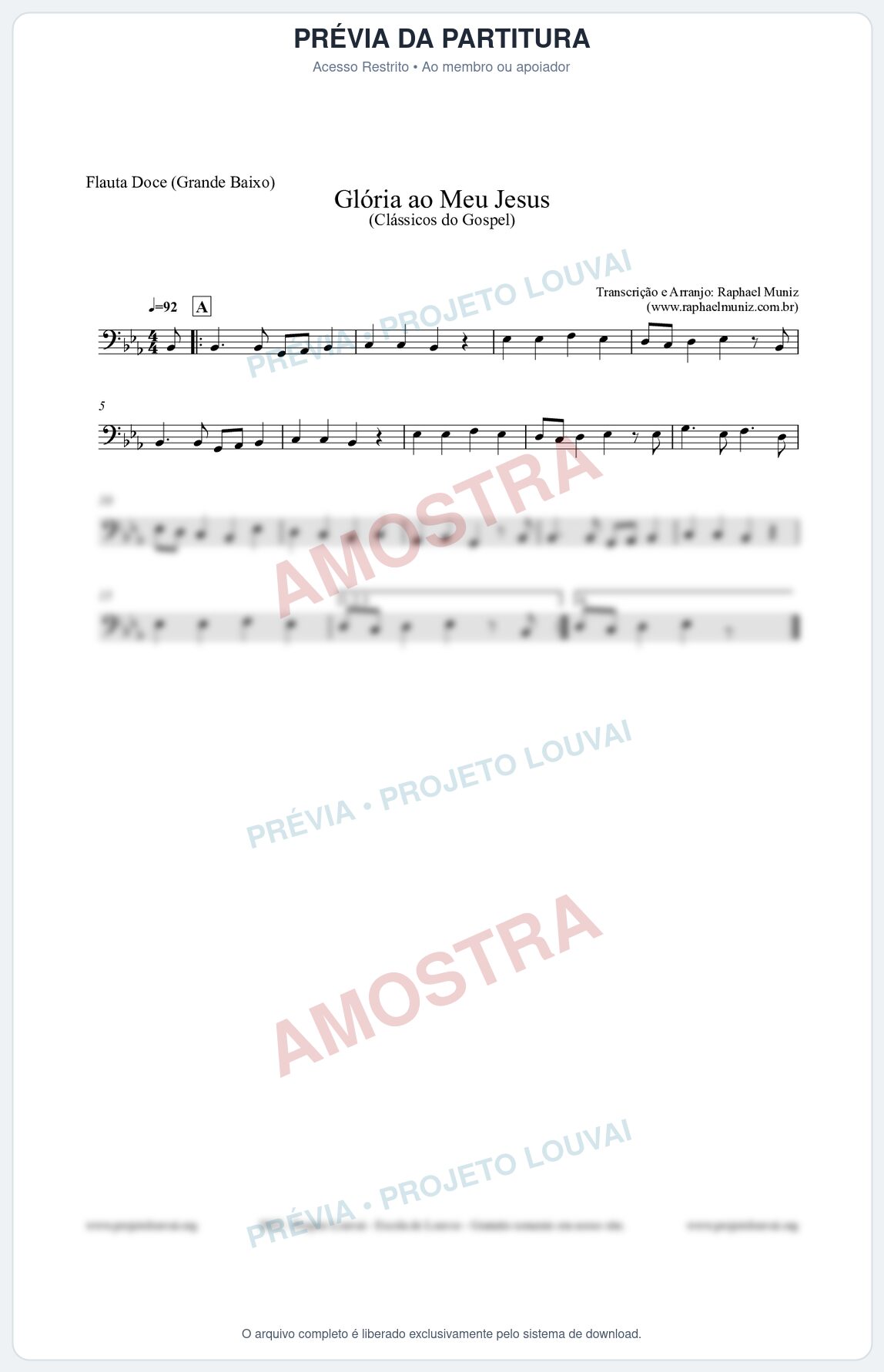 Prévia protegida da primeira página da partitura Partitura para Flauta Doce (Grande Baixo) - Glória ao meu Jesus - Harpa Cristã nº31 - Clássicos do Gospel