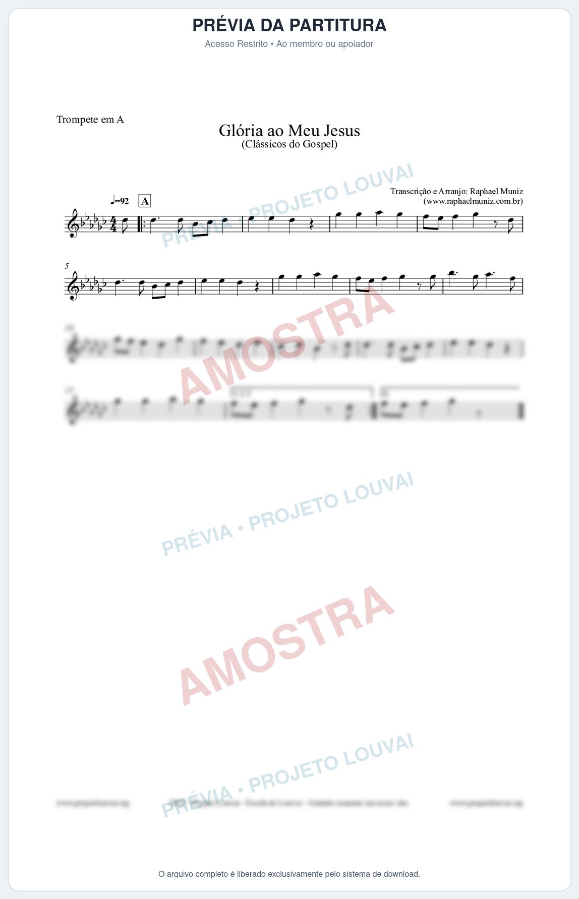 Prévia protegida da primeira página da partitura Partitura para Trompete em A - Glória ao meu Jesus - Harpa Cristã nº31 - Clássicos do Gospel