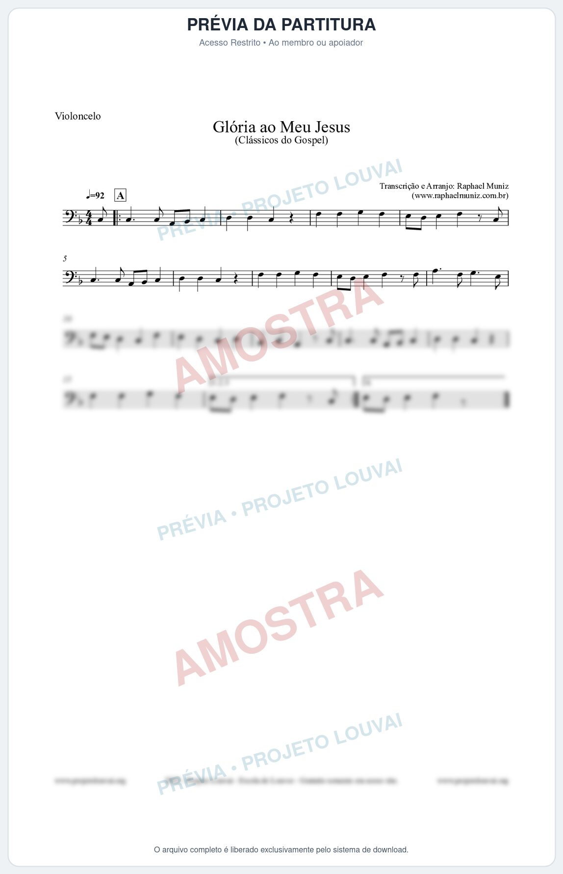 Prévia protegida da primeira página da partitura Partitura para Violoncelo - Glória ao meu Jesus - Harpa Cristã nº31 - Clássicos do Gospel