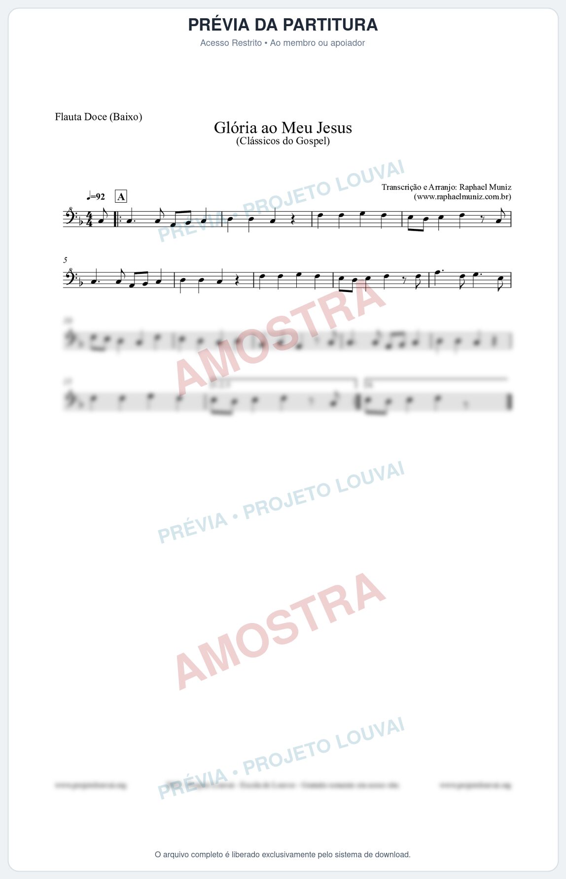 Prévia protegida da primeira página da partitura Partitura para Flauta Doce (Baixo) - Glória ao meu Jesus - Harpa Cristã nº31 - Clássicos do Gospel