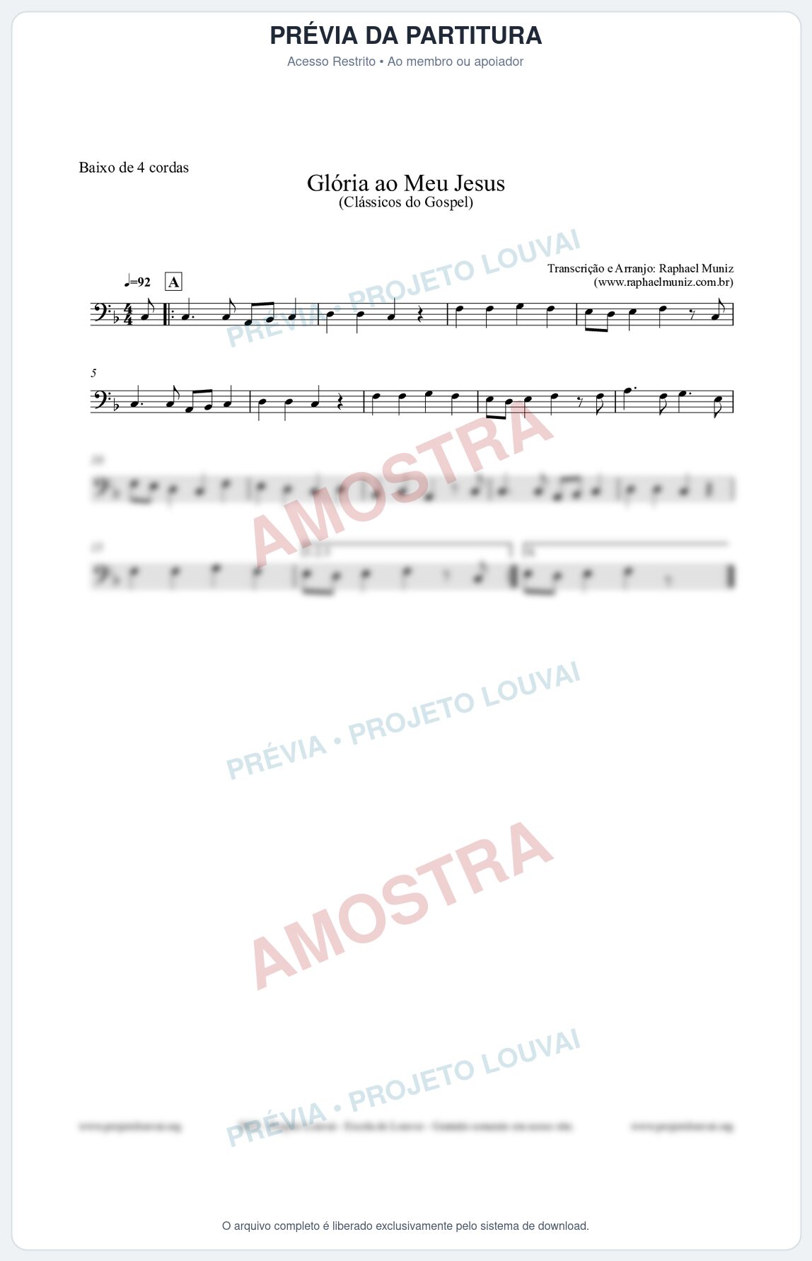 Prévia protegida da primeira página da partitura Partitura para Baixo de 4 cordas - Glória ao meu Jesus - Harpa Cristã nº31 - Clássicos do Gospel