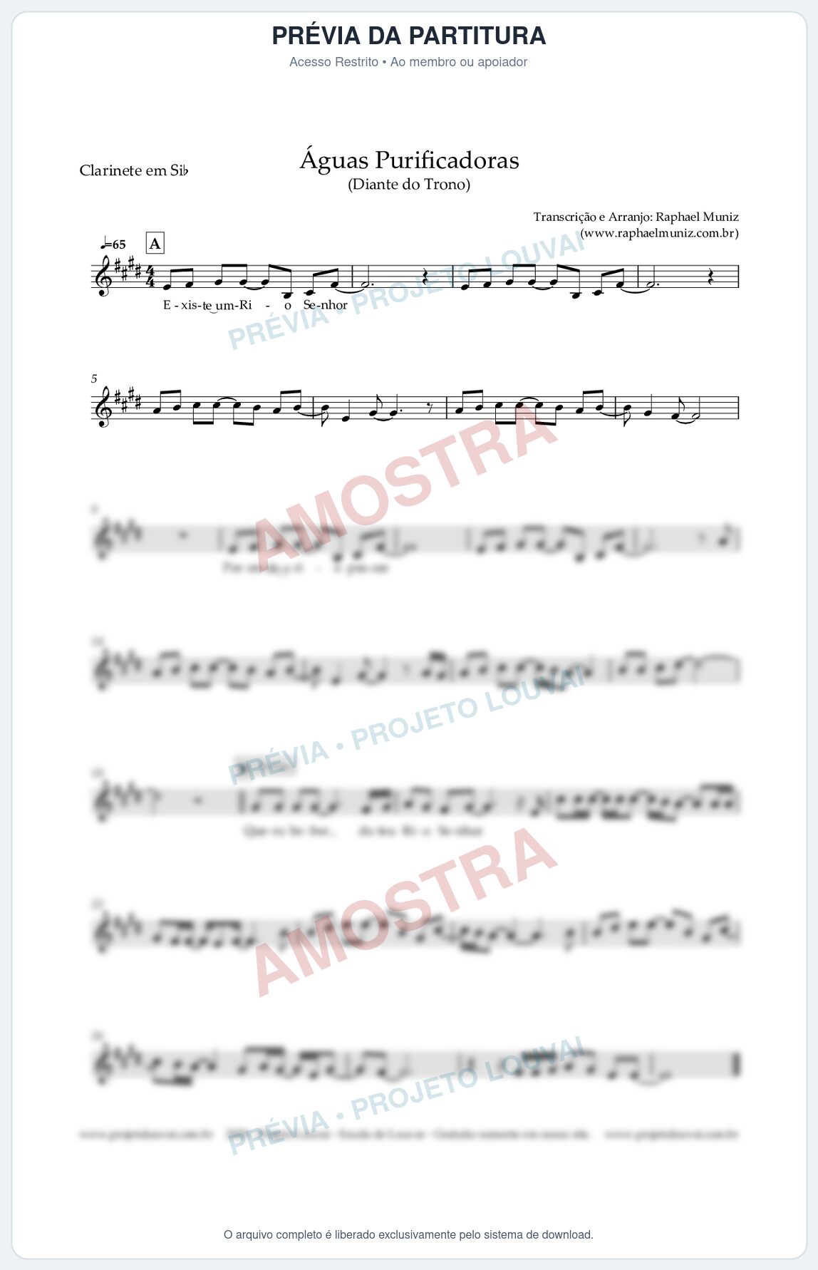 Prévia protegida da primeira página da partitura Partitura para Clarinete em Bb - Águas Purificadoras - Diante do Trono