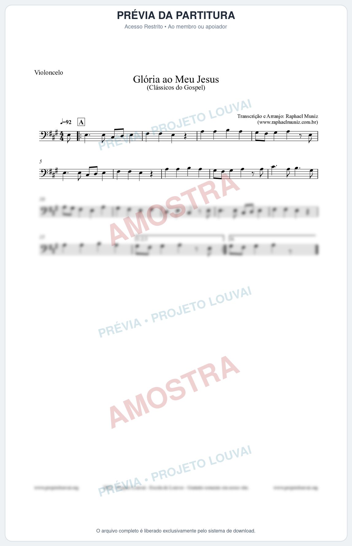 Prévia protegida da primeira página da partitura Partitura para Violoncelo - Glória ao meu Jesus - Harpa Cristã nº31 - Clássicos do Gospel