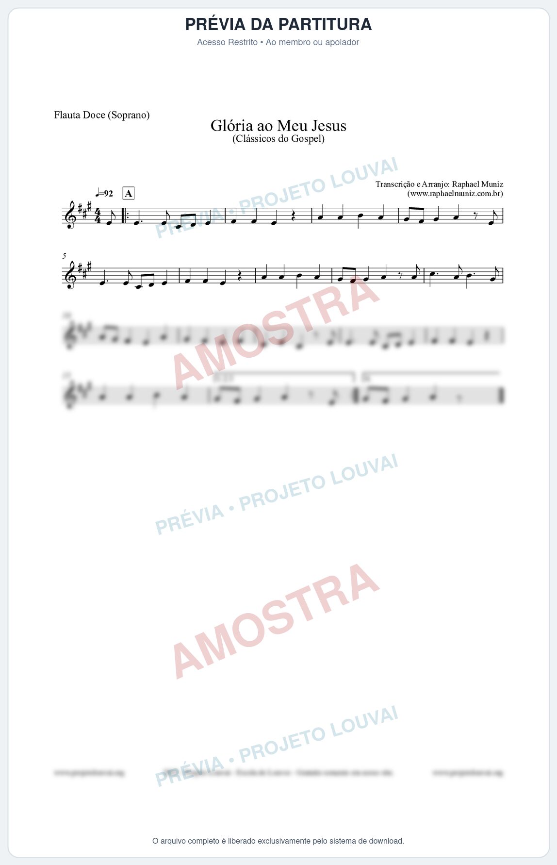 Prévia protegida da primeira página da partitura Partitura para Flauta Doce (Soprano) - Glória ao meu Jesus - Harpa Cristã nº31 - Clássicos do Gospel