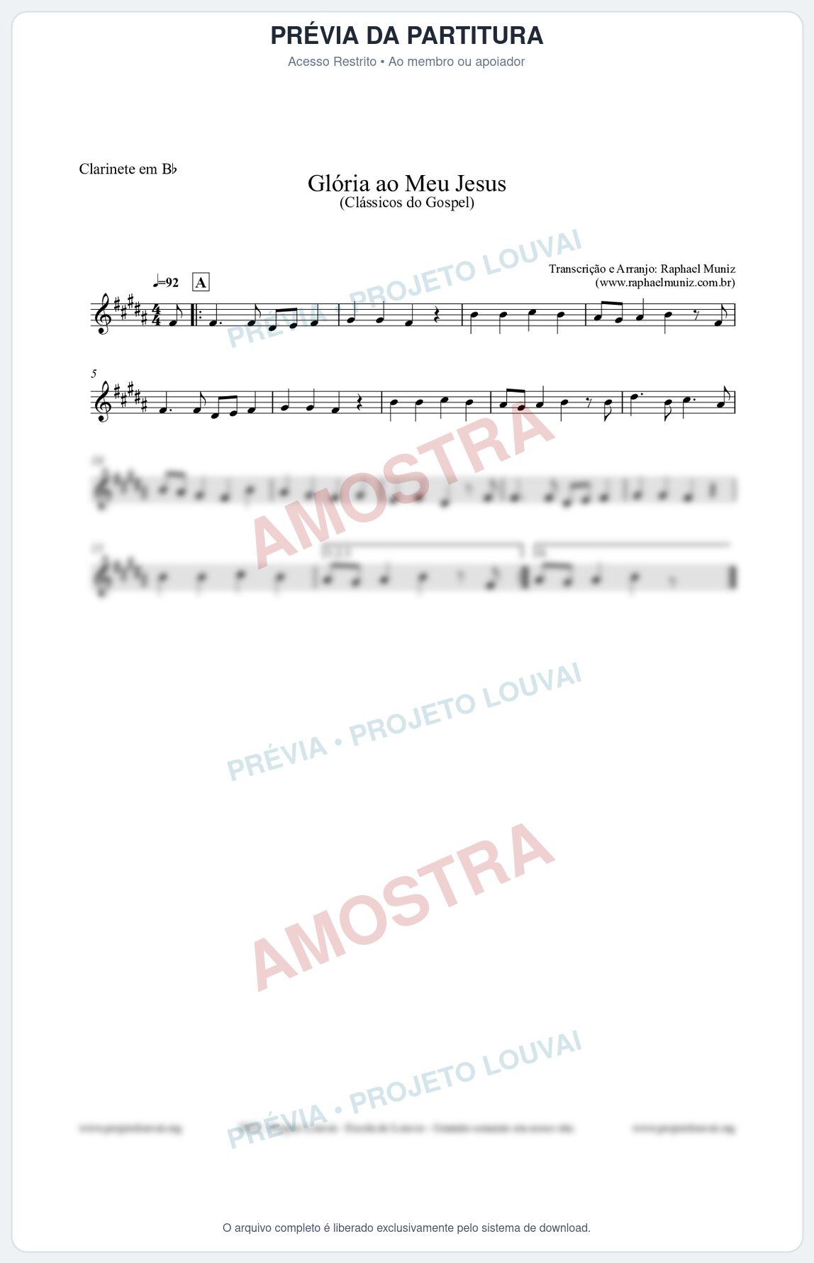 Prévia protegida da primeira página da partitura Partitura para Clarinete em Bb - Glória ao meu Jesus - Harpa Cristã nº31 - Clássicos do Gospel