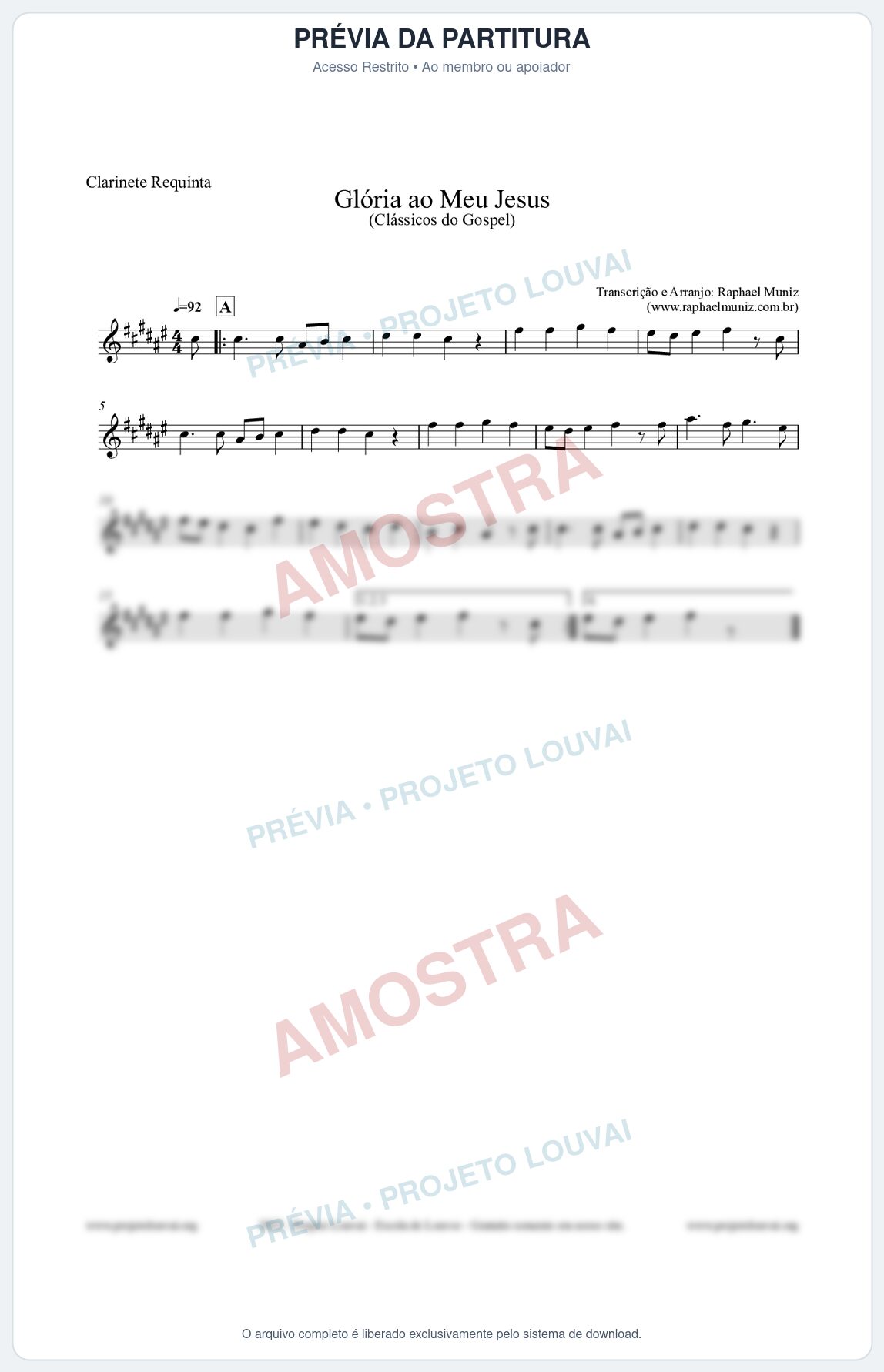 Prévia protegida da primeira página da partitura Partitura para Clarinete Requinta - Glória ao meu Jesus - Harpa Cristã nº31 - Clássicos do Gospel