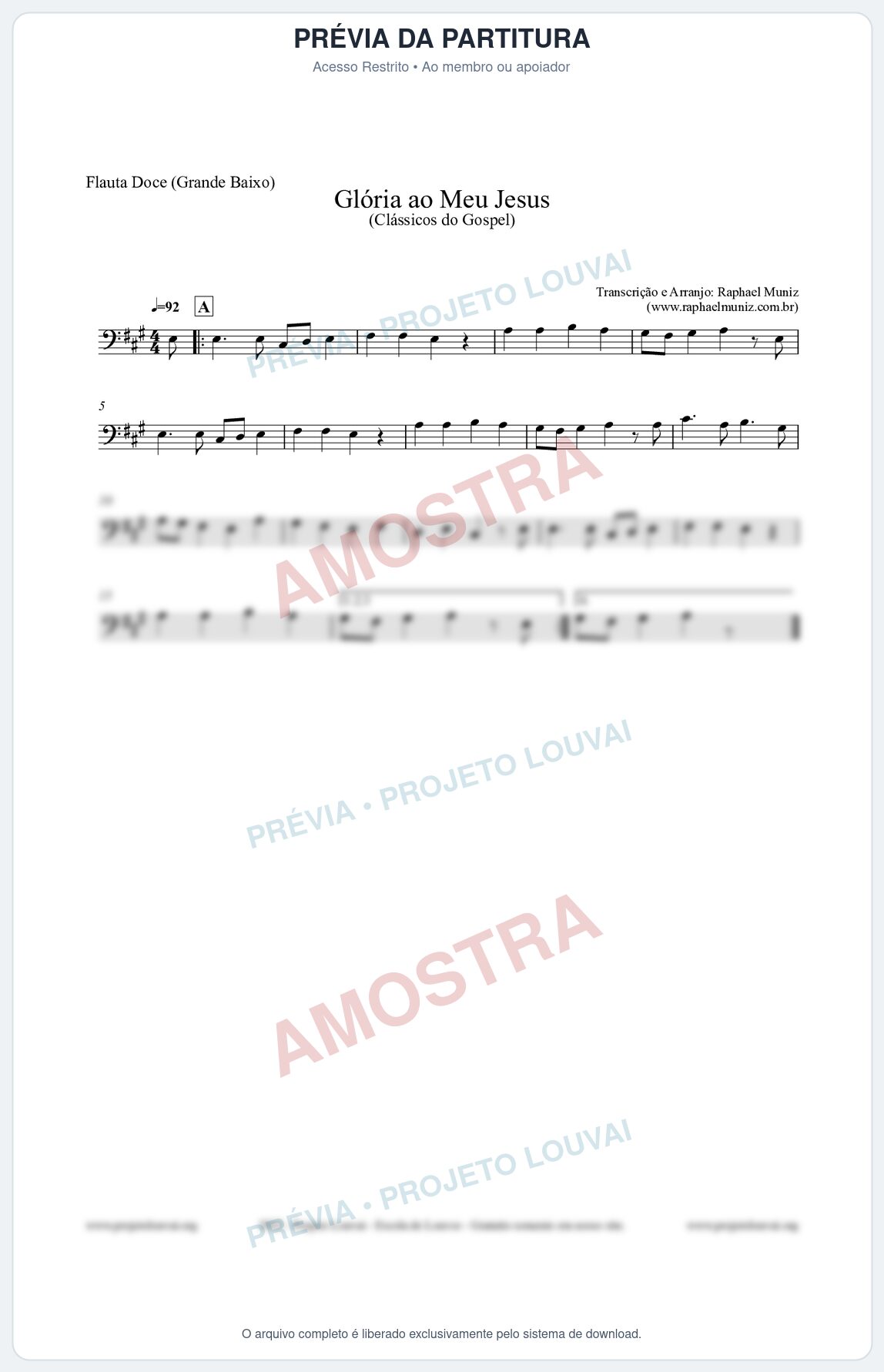 Prévia protegida da primeira página da partitura Partitura para Flauta Doce (Grande Baixo) - Glória ao meu Jesus - Harpa Cristã nº31 - Clássicos do Gospel