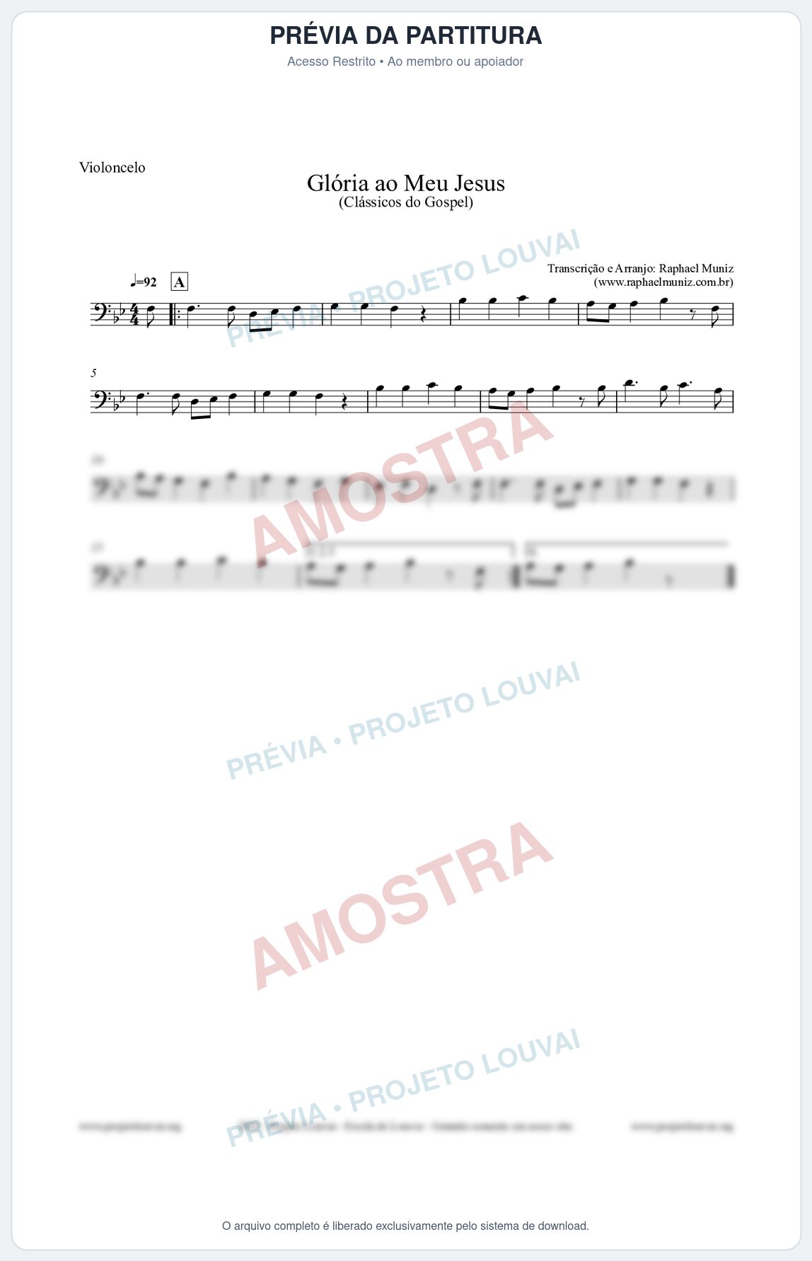 Prévia protegida da primeira página da partitura Partitura para Violoncelo - Glória ao meu Jesus - Harpa Cristã nº31 - Clássicos do Gospel