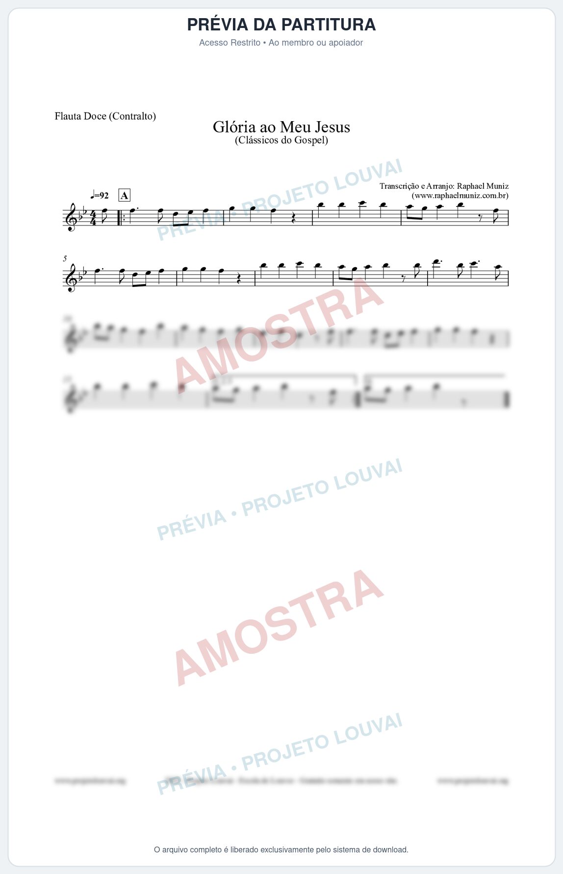 Prévia protegida da primeira página da partitura Partitura para Flauta Doce (Contralto) - Glória ao meu Jesus - Harpa Cristã nº31 - Clássicos do Gospel