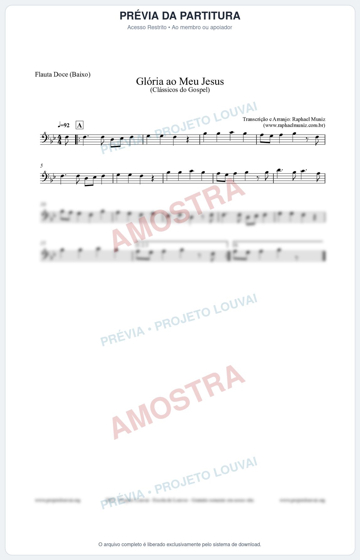 Prévia protegida da primeira página da partitura Partitura para Flauta Doce (Baixo) - Glória ao meu Jesus - Harpa Cristã nº31 - Clássicos do Gospel