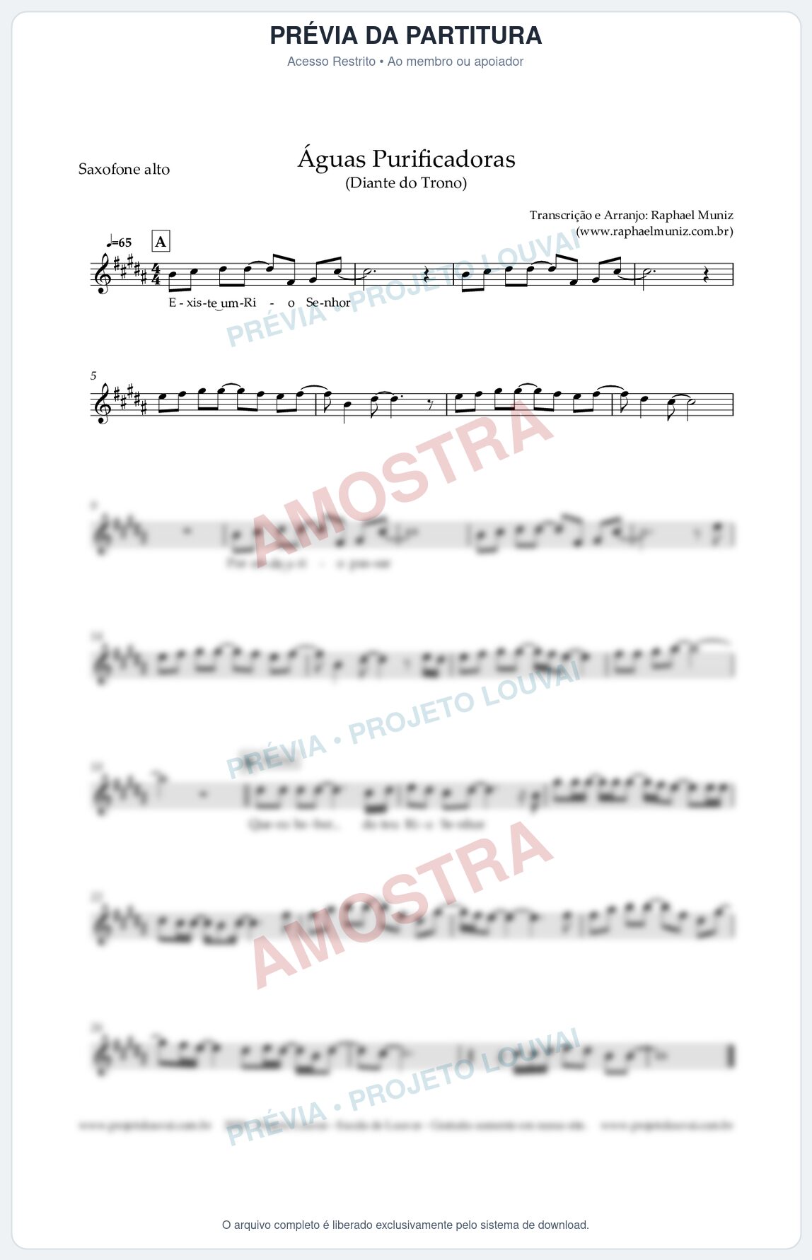 Prévia protegida da primeira página da partitura Partitura para Saxofone Alto - Águas Purificadoras - Diante do Trono