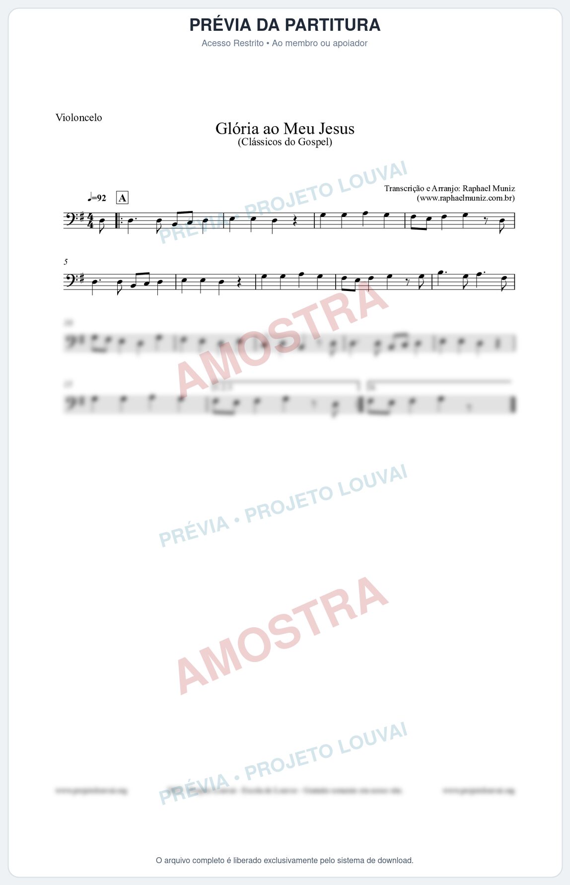 Prévia protegida da primeira página da partitura Partitura para Violoncelo - Glória ao meu Jesus - Harpa Cristã nº31 - Clássicos do Gospel