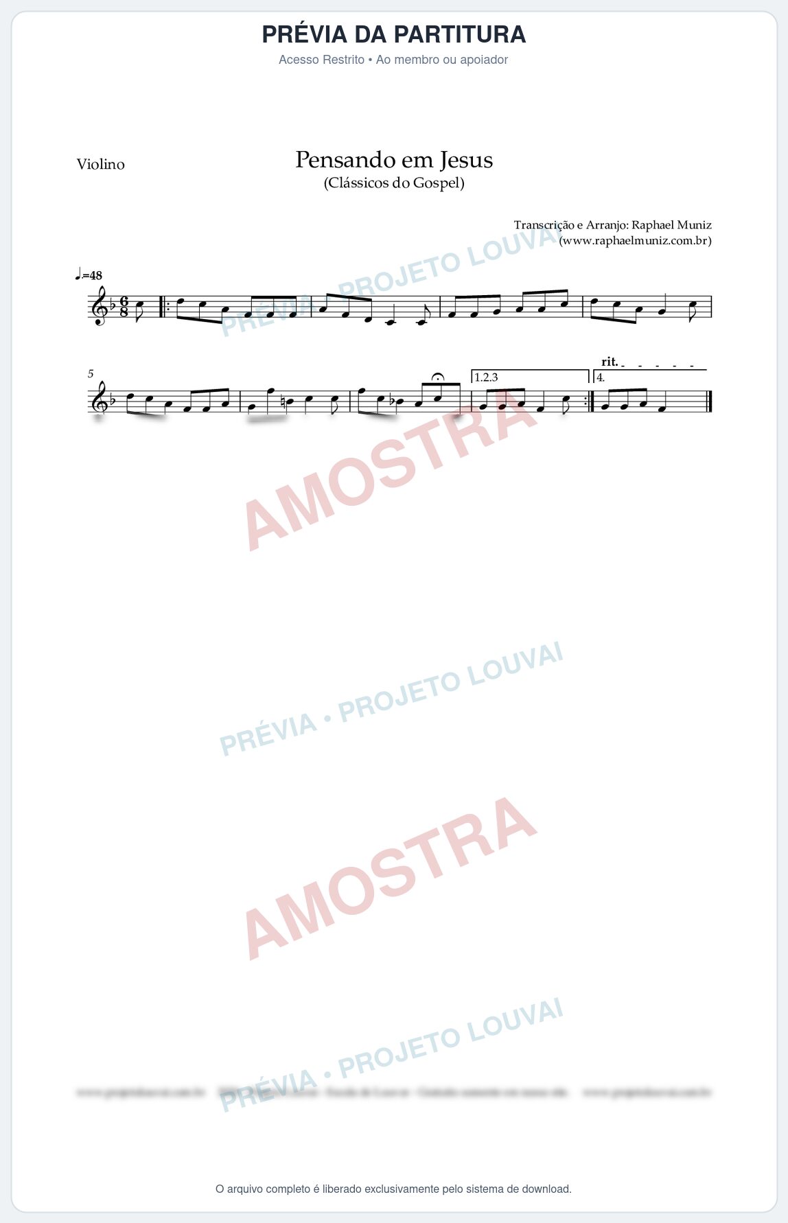 Prévia protegida da primeira página da partitura Partitura para Violino - Pensando em Jesus - Harpa Cristã nº 17 - Clássicos do Gospel