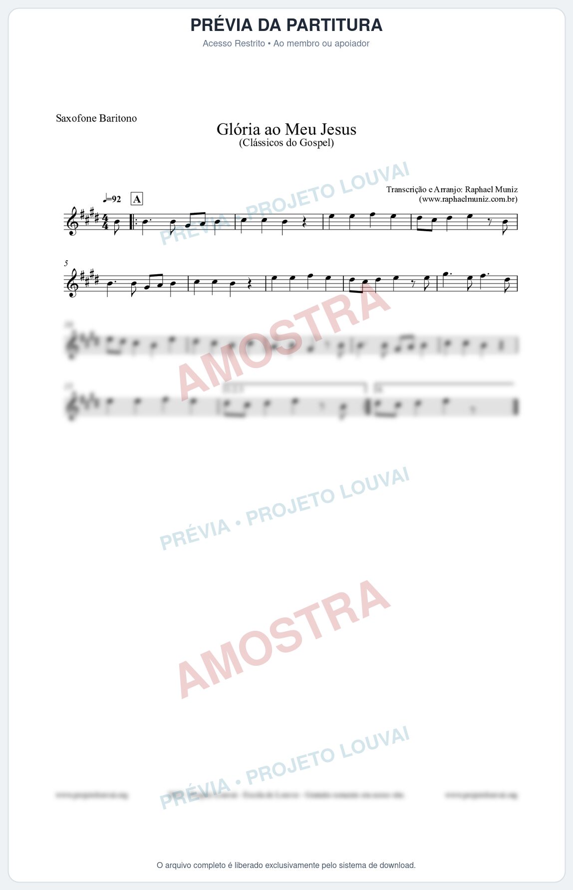Prévia protegida da primeira página da partitura Partitura para Saxofone Barítono - Glória ao meu Jesus - Harpa Cristã nº31 - Clássicos do Gospel