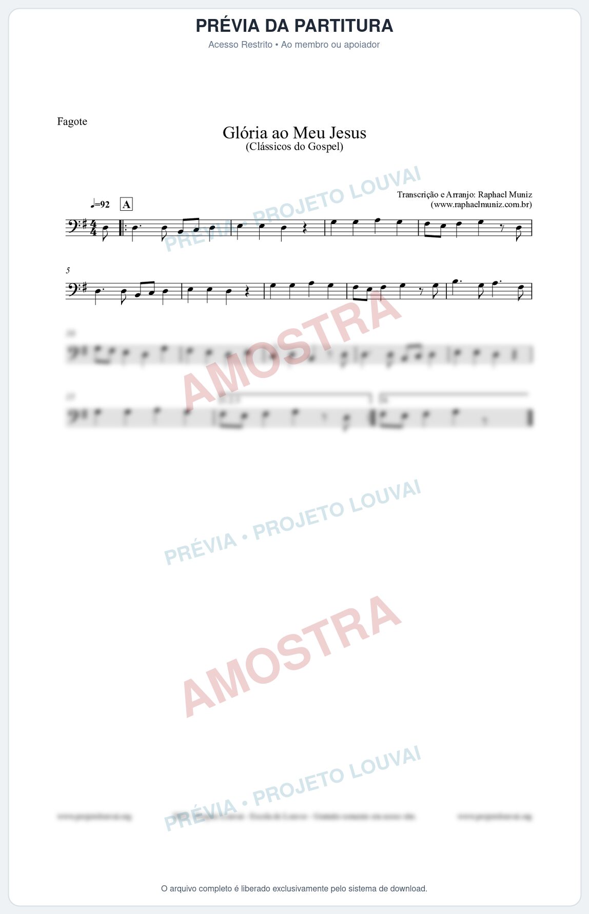Prévia protegida da primeira página da partitura Partitura para Fagote - Glória ao meu Jesus - Harpa Cristã nº31 - Clássicos do Gospel