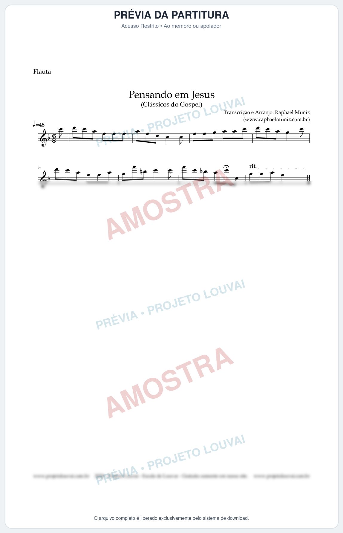 Prévia protegida da primeira página da partitura Partitura para Flauta Transversal - Pensando em Jesus - Harpa Cristã nº 17 - Clássicos do Gospel